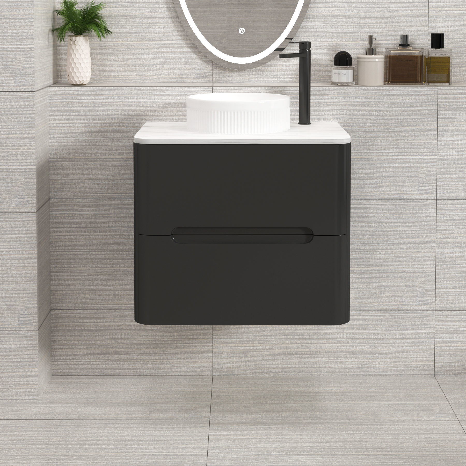 Venice Matt Nocturne Black 2 Drawer Wall Hung Vanity Unit with Carrara White Undrilled Worktop & Various Countertop Basins