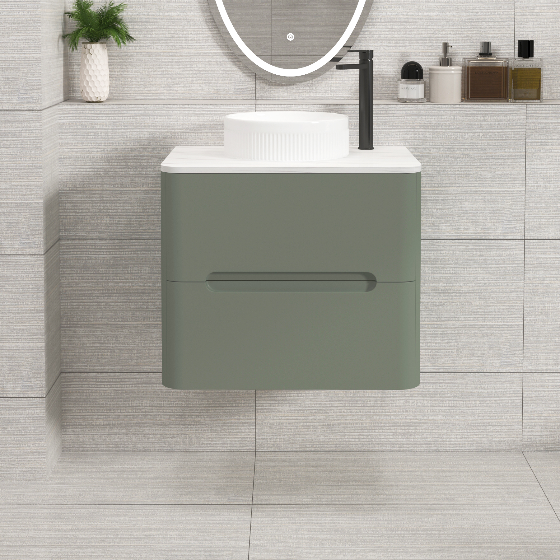 Venice Sage Green 2 Drawer Wall Hung Vanity Unit with Carrara White Undrilled Worktop & Various Countertop Basins