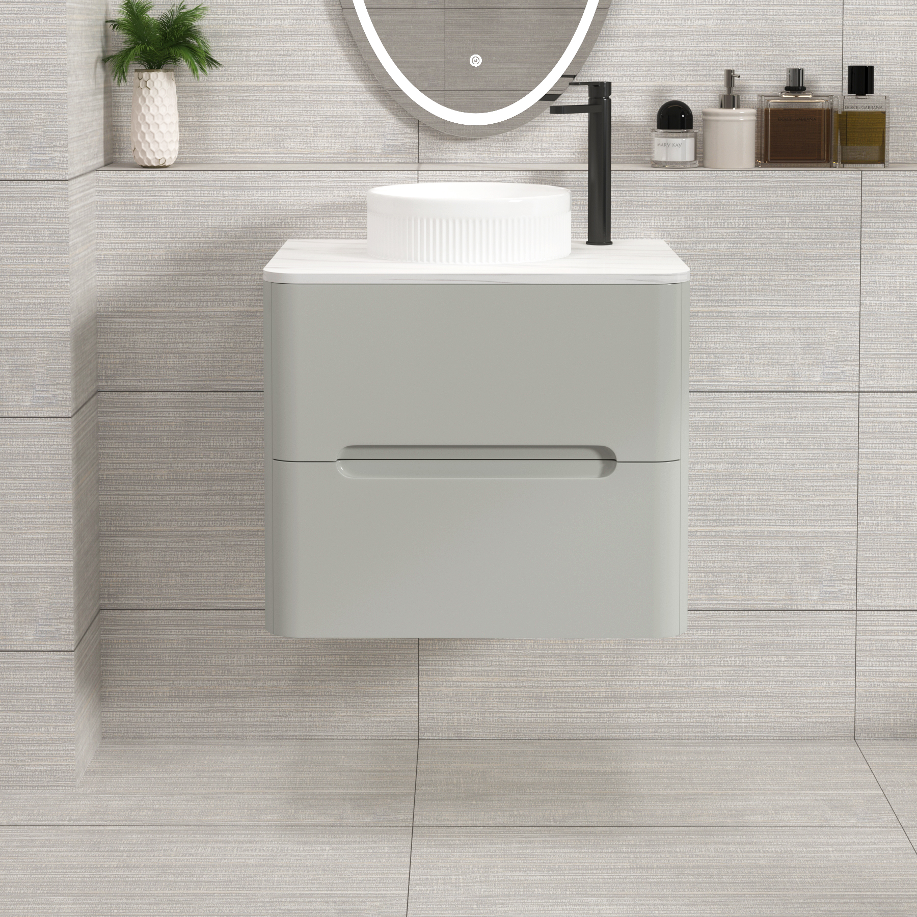 Venice Dove Grey 2 Drawer Wall Hung Vanity Unit with Carrara White Undrilled Worktop & Various Countertop Basins