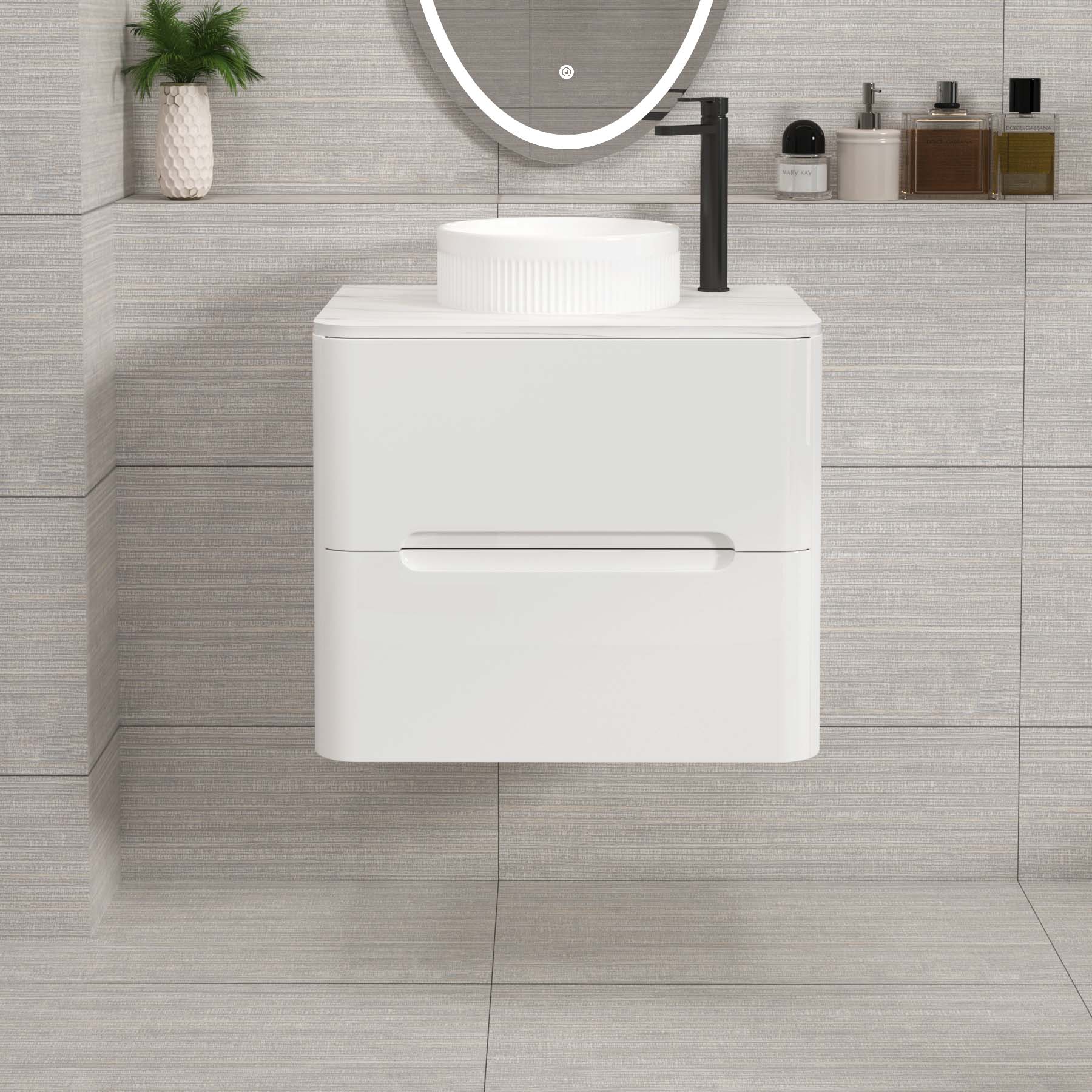 Venice Gloss White 2 Drawer Wall Hung Vanity Unit with Carrara White Undrilled Worktop & Various Countertop Basins