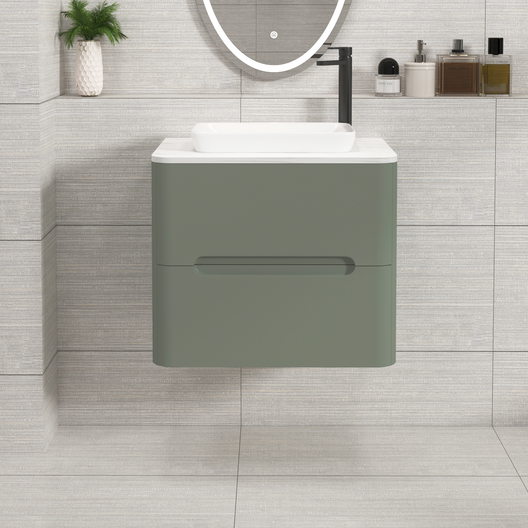 Venice Sage Green 2 Drawer Wall Hung Vanity Unit with Carrara White Undrilled Worktop & Various Countertop Basins