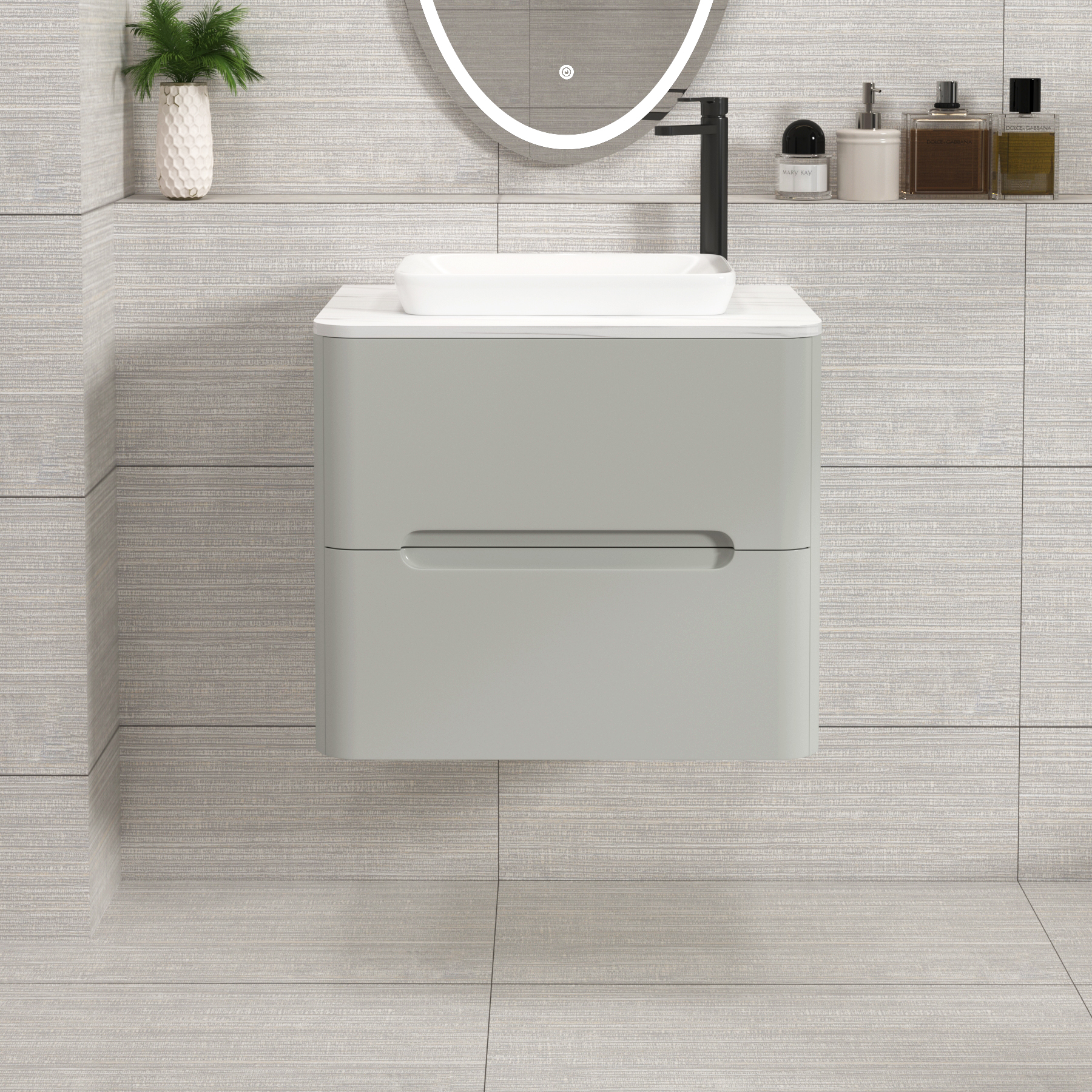 Venice Dove Grey 2 Drawer Wall Hung Vanity Unit with Carrara White Undrilled Worktop & Various Countertop Basins