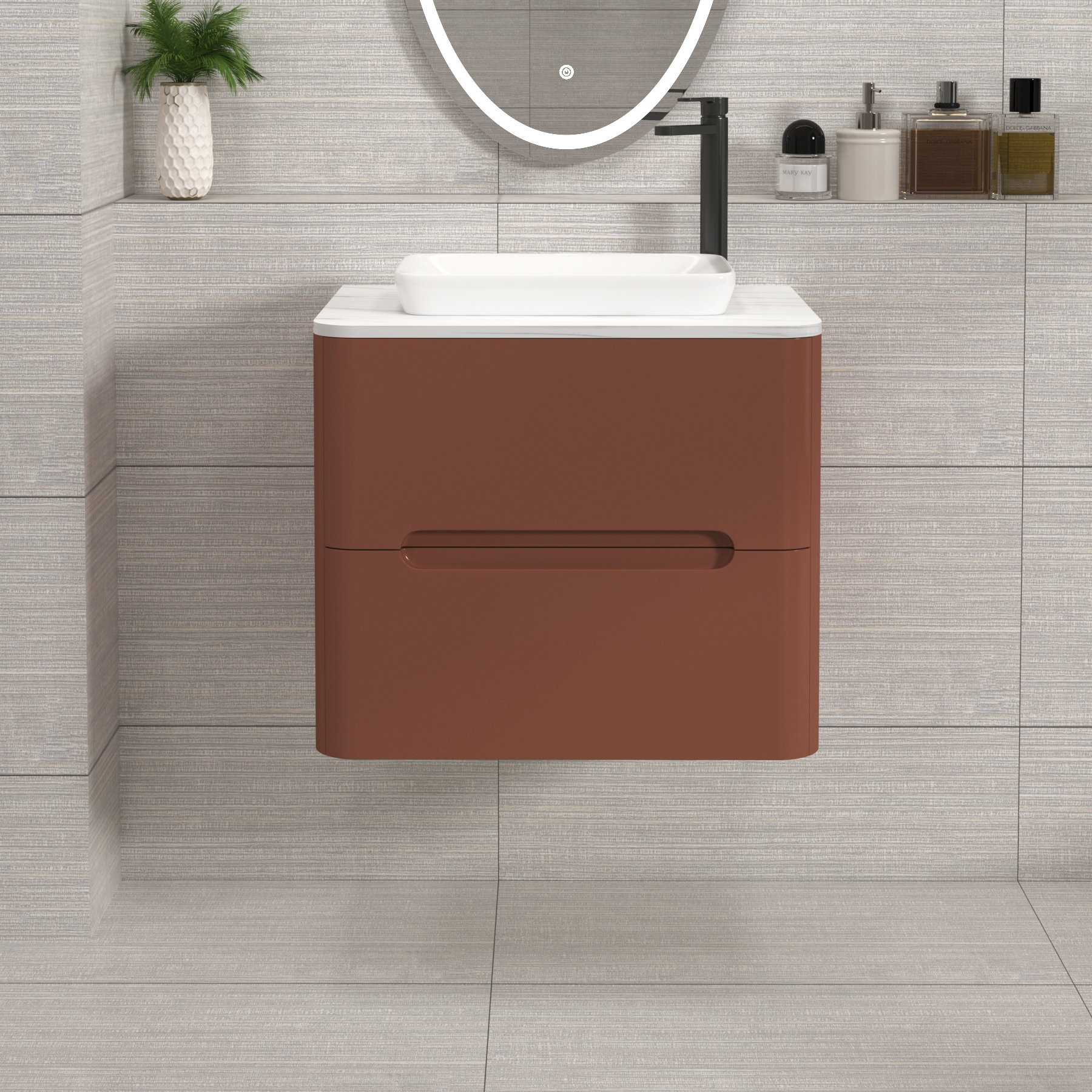Venice Terracotta Clay 2 Drawer Wall Hung Vanity Unit with Carrara White Undrilled Worktop & Various Countertop Basins