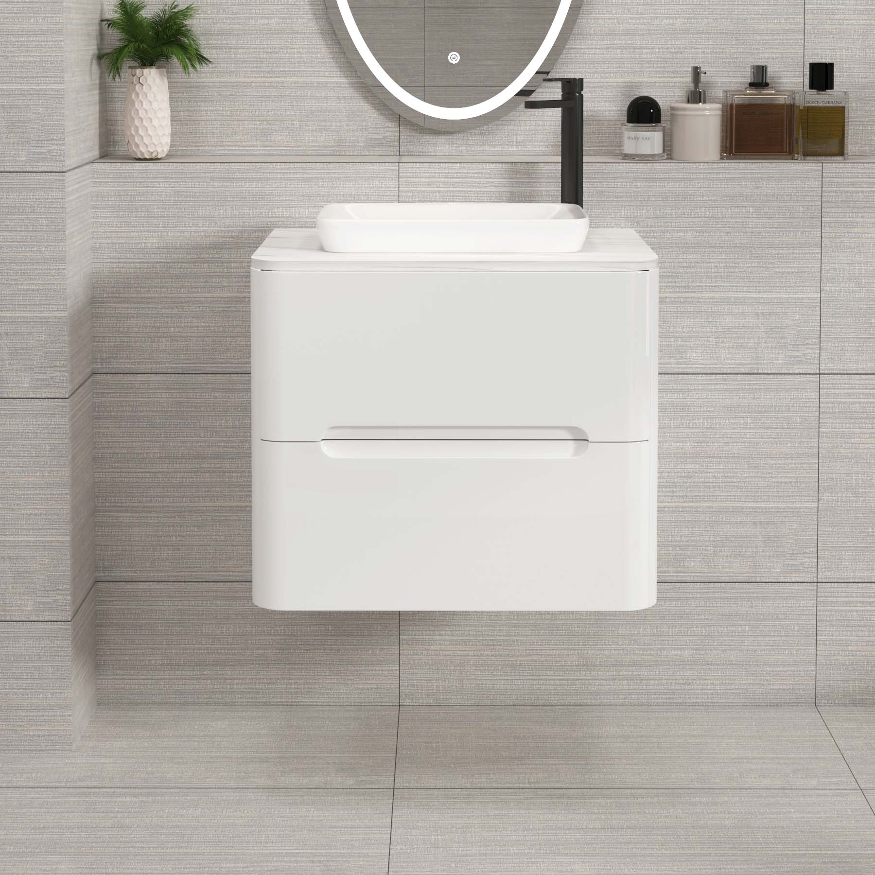 Venice Gloss White 2 Drawer Wall Hung Vanity Unit with Carrara White Undrilled Worktop & Various Countertop Basins