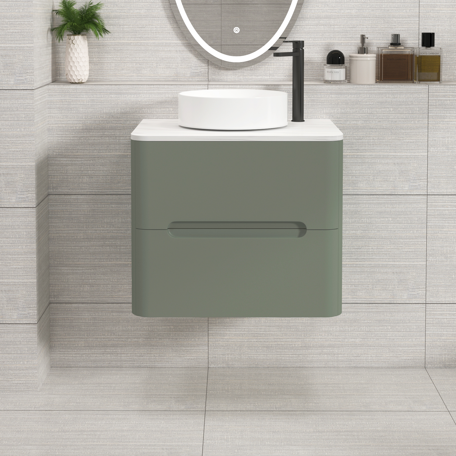 Venice Sage Green 2 Drawer Wall Hung Vanity Unit with Carrara White Undrilled Worktop & Various Countertop Basins