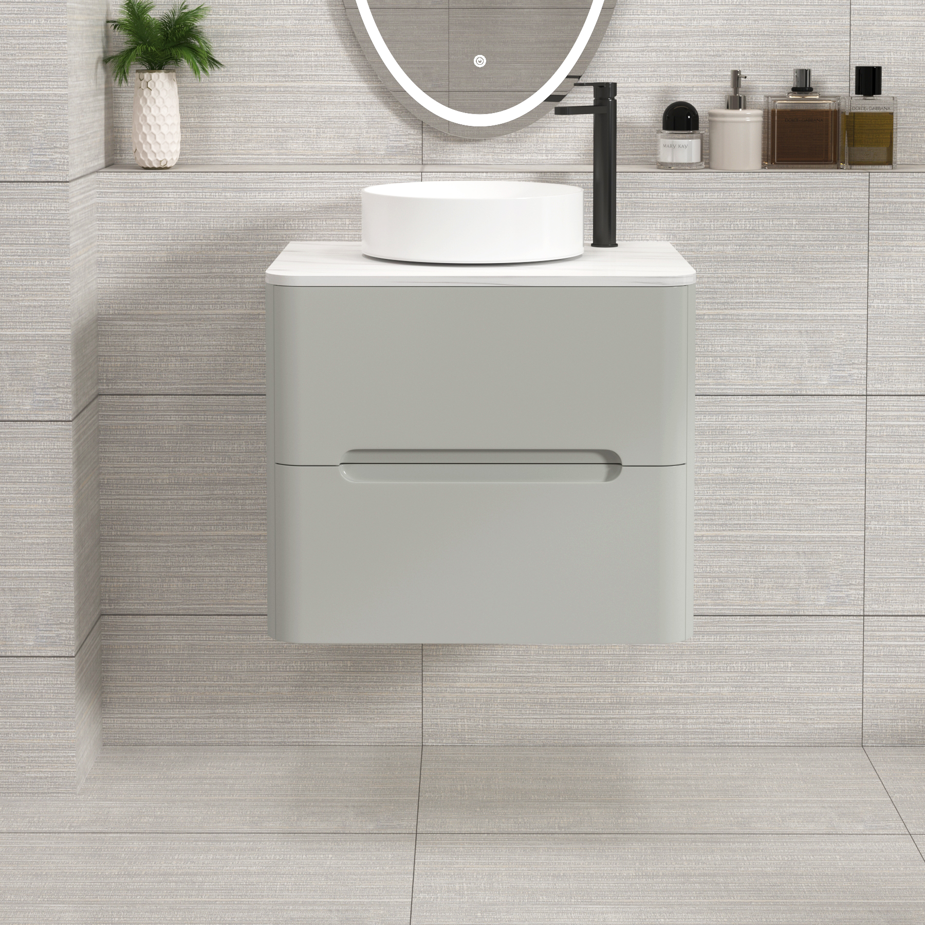 Venice Dove Grey 2 Drawer Wall Hung Vanity Unit with Carrara White Undrilled Worktop & Various Countertop Basins