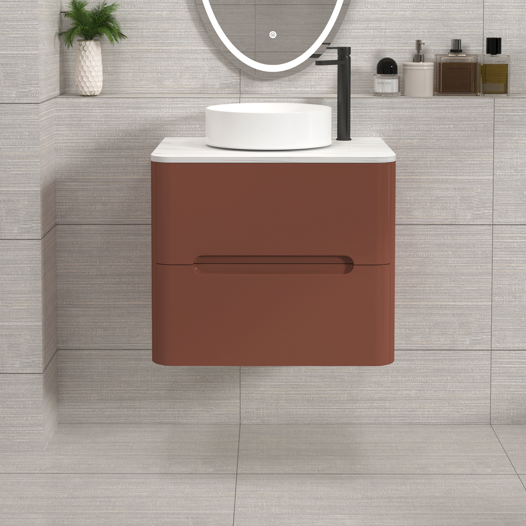 Venice Terracotta Clay 2 Drawer Wall Hung Vanity Unit with Carrara White Undrilled Worktop & Various Countertop Basins