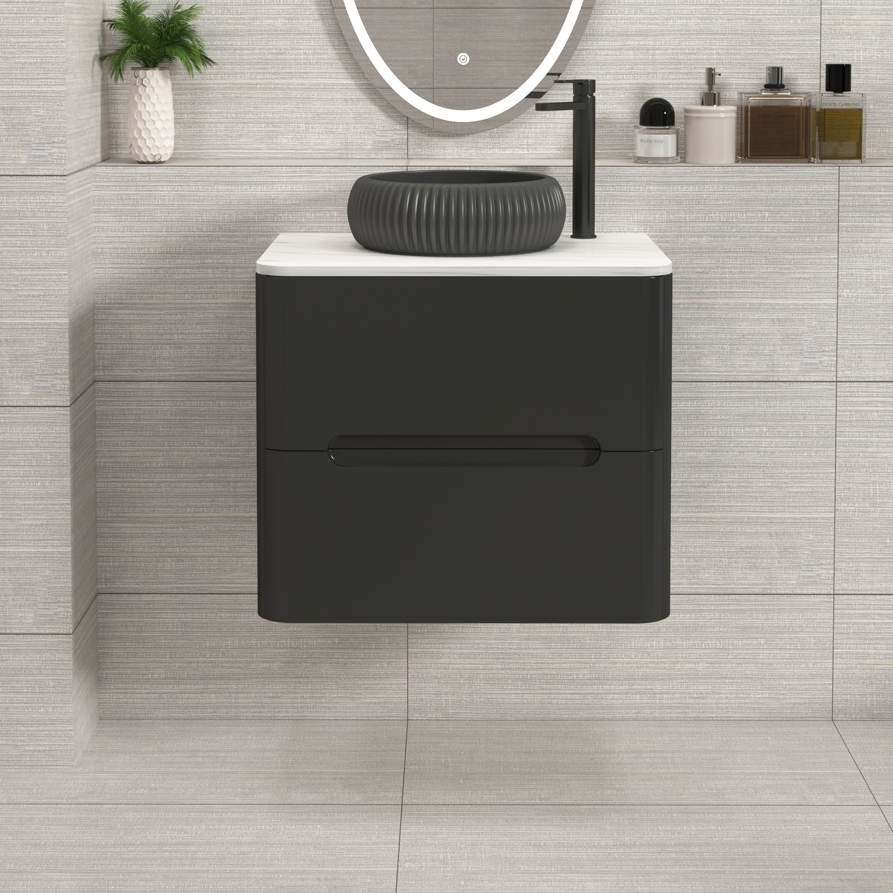 Venice Matt Nocturne Black 2 Drawer Wall Hung Vanity Unit with Carrara White Undrilled Worktop & Various Countertop Basins