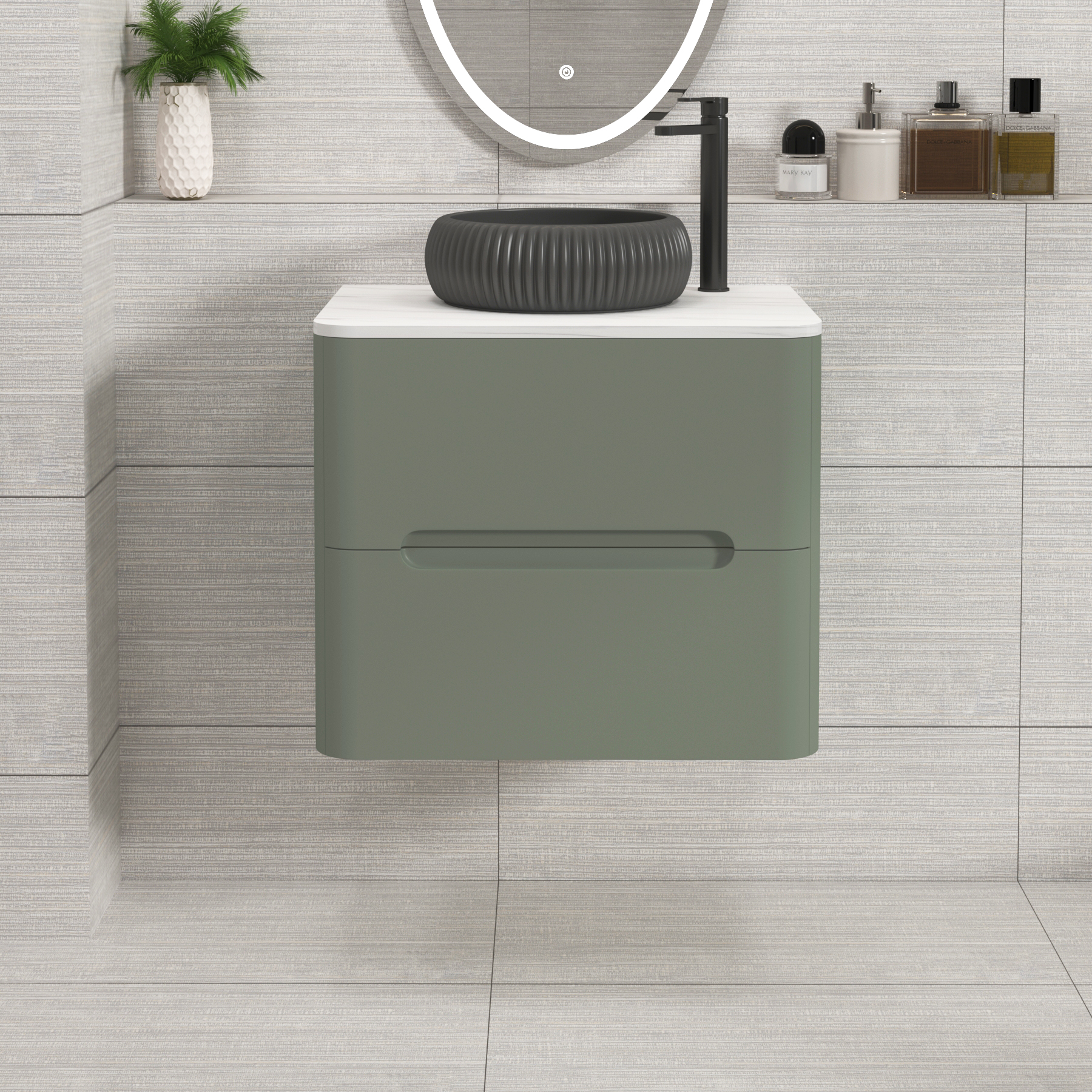 Venice Sage Green 2 Drawer Wall Hung Vanity Unit with Carrara White Undrilled Worktop & Various Countertop Basins