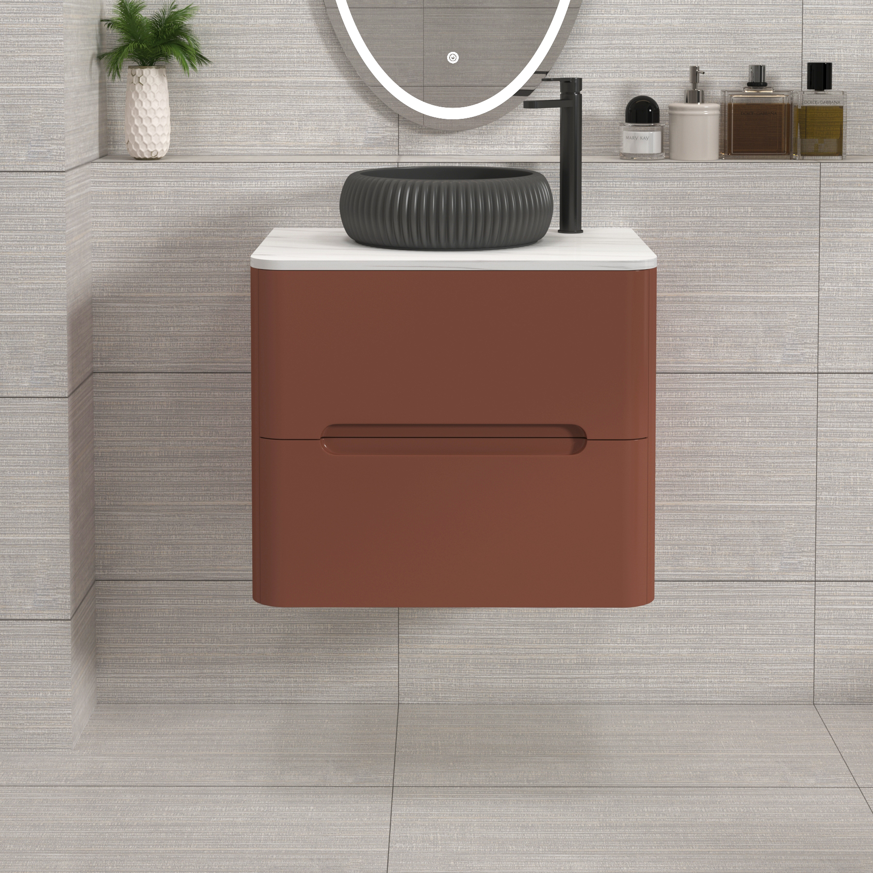 Venice Terracotta Clay 2 Drawer Wall Hung Vanity Unit with Carrara White Undrilled Worktop & Various Countertop Basins