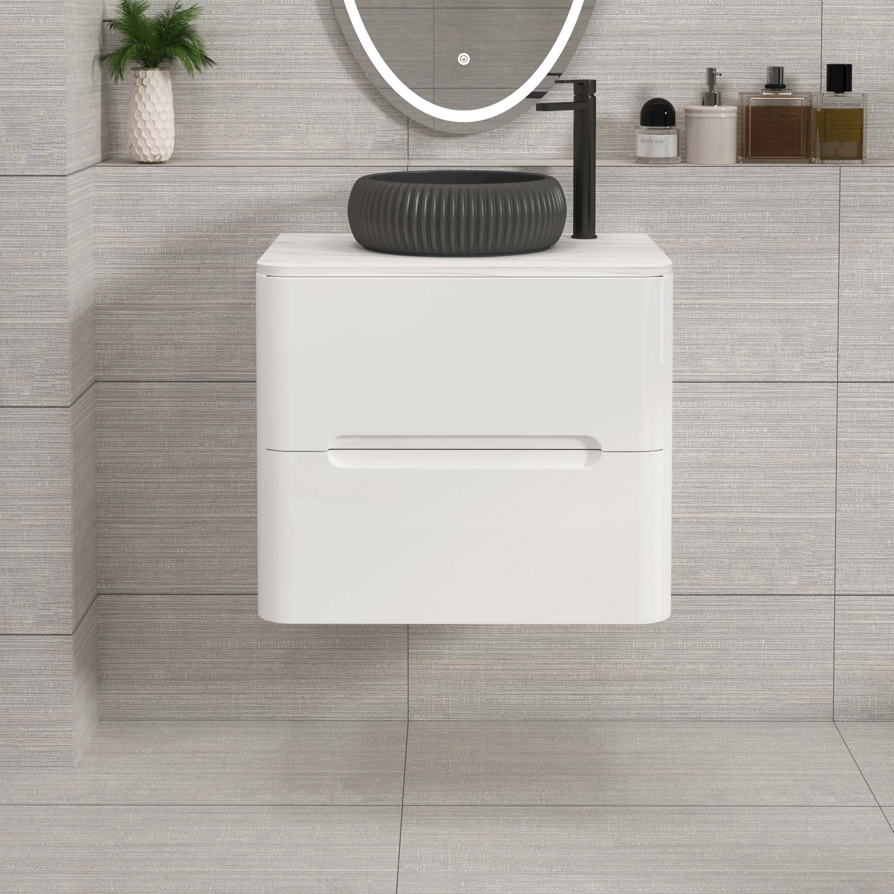 Venice Gloss White 2 Drawer Wall Hung Vanity Unit with Carrara White Undrilled Worktop & Various Countertop Basins