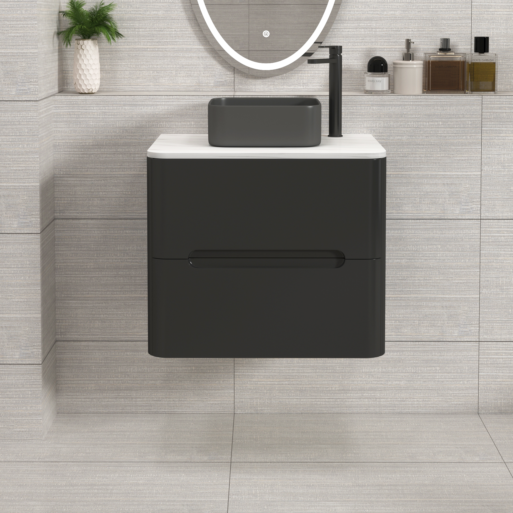 Venice Matt Nocturne Black 2 Drawer Wall Hung Vanity Unit with Carrara White Undrilled Worktop & Various Countertop Basins