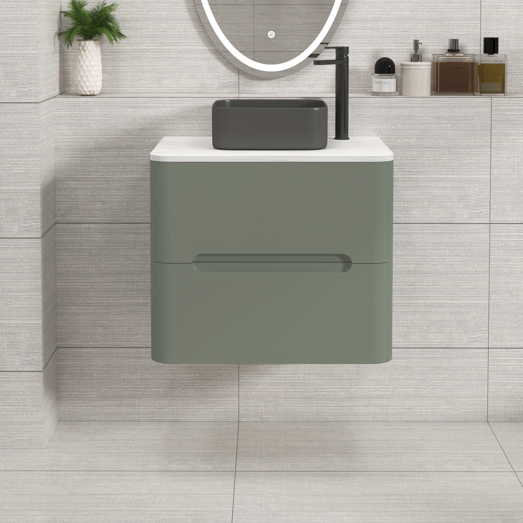 Venice Sage Green 2 Drawer Wall Hung Vanity Unit with Carrara White Undrilled Worktop & Various Countertop Basins