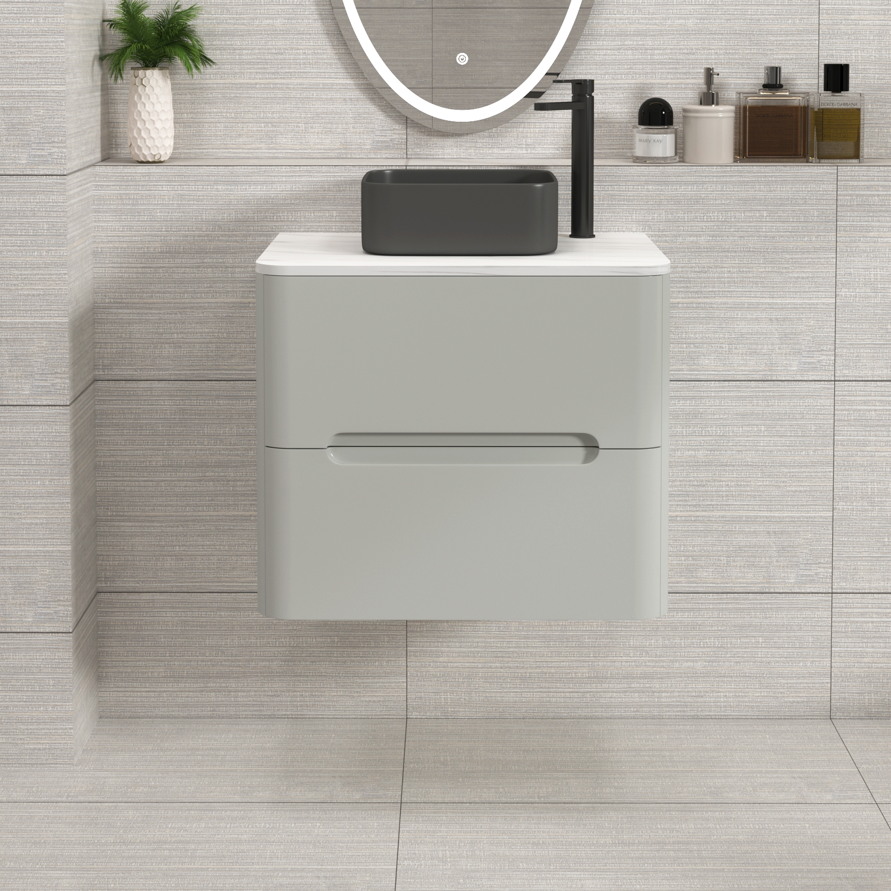 Venice Dove Grey 2 Drawer Wall Hung Vanity Unit with Carrara White Undrilled Worktop & Various Countertop Basins