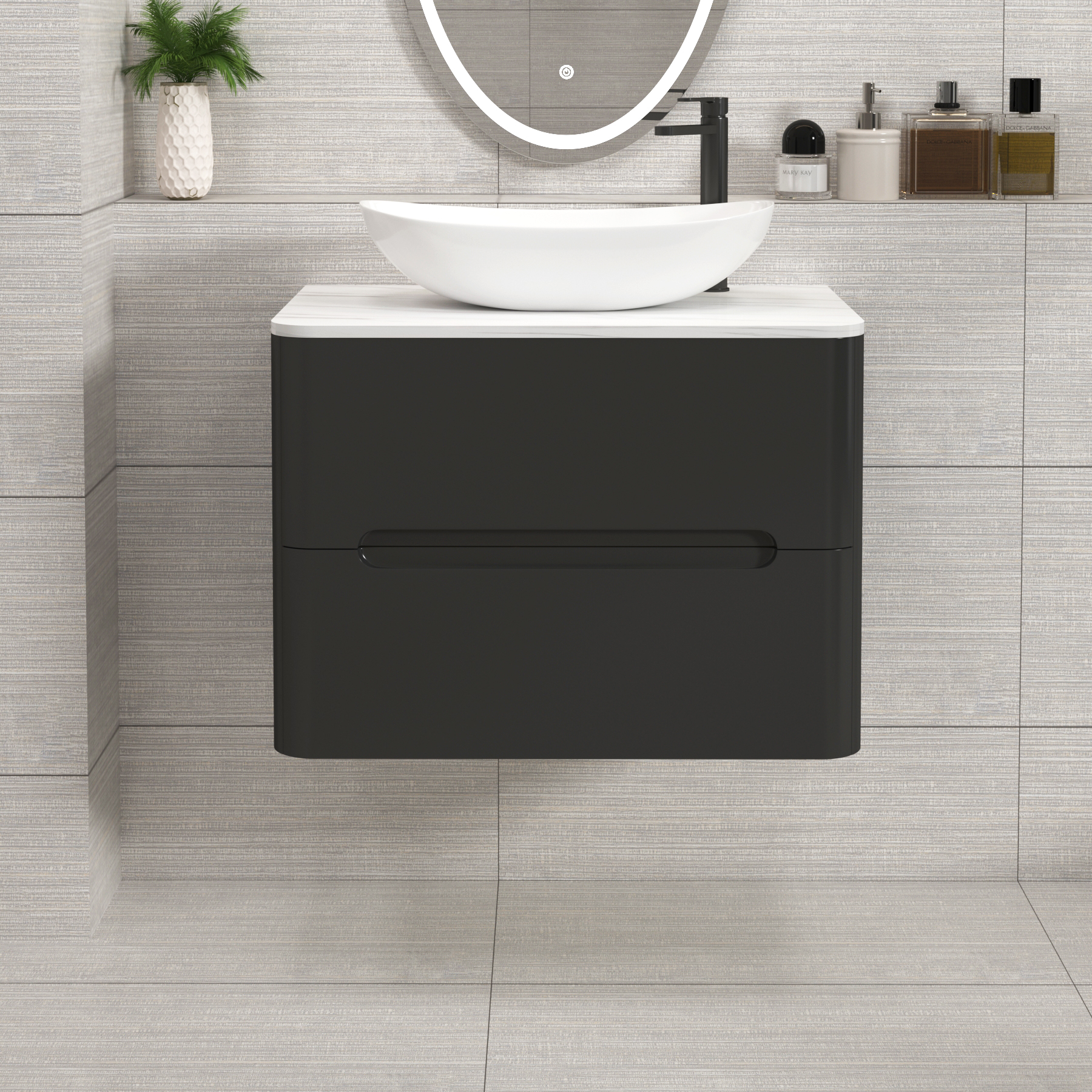 Venice Matt Nocturne Black 2 Drawer Wall Hung Vanity Unit with Carrara White Undrilled Worktop & Various Countertop Basins
