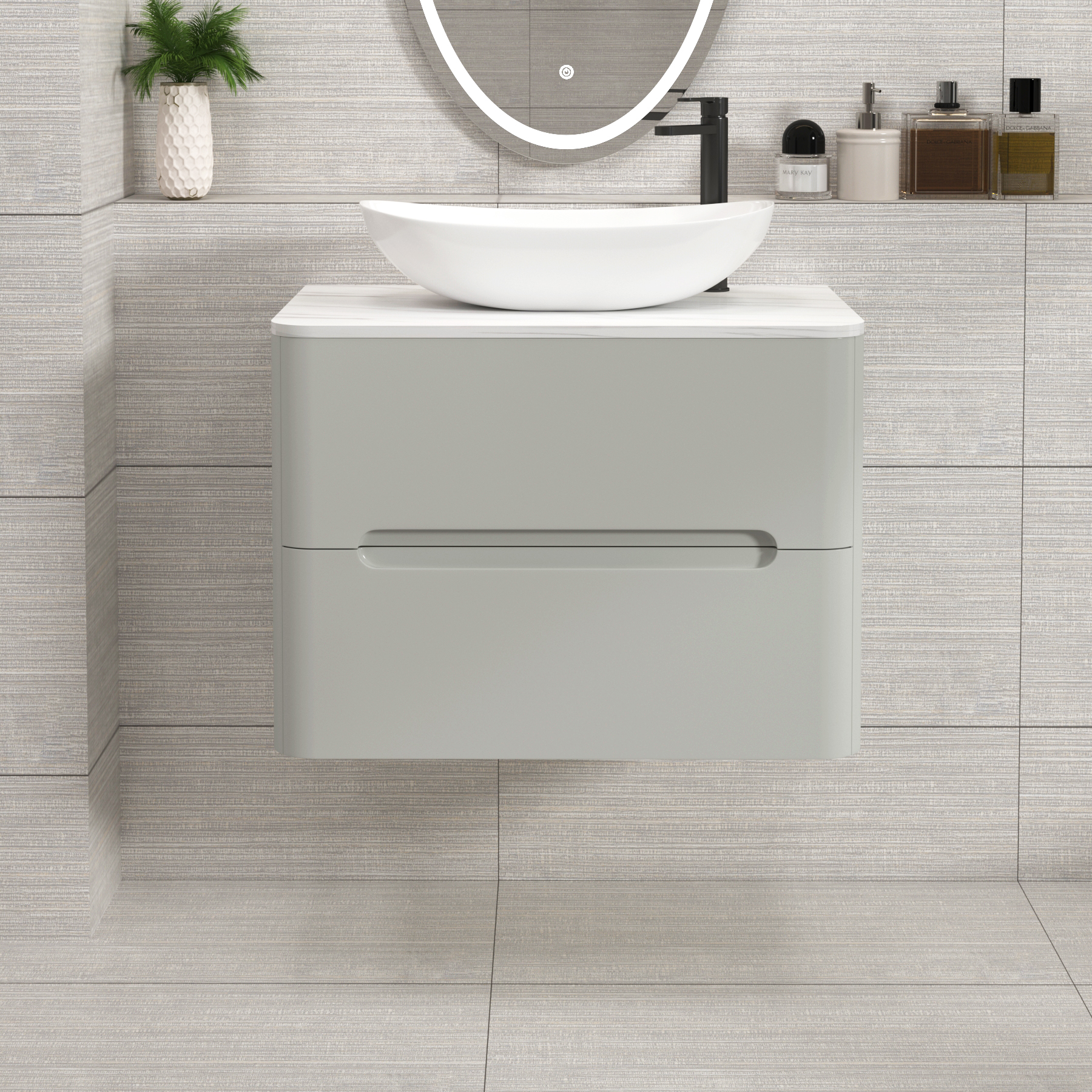 Venice Dove Grey 2 Drawer Wall Hung Vanity Unit with Carrara White Undrilled Worktop & Various Countertop Basins
