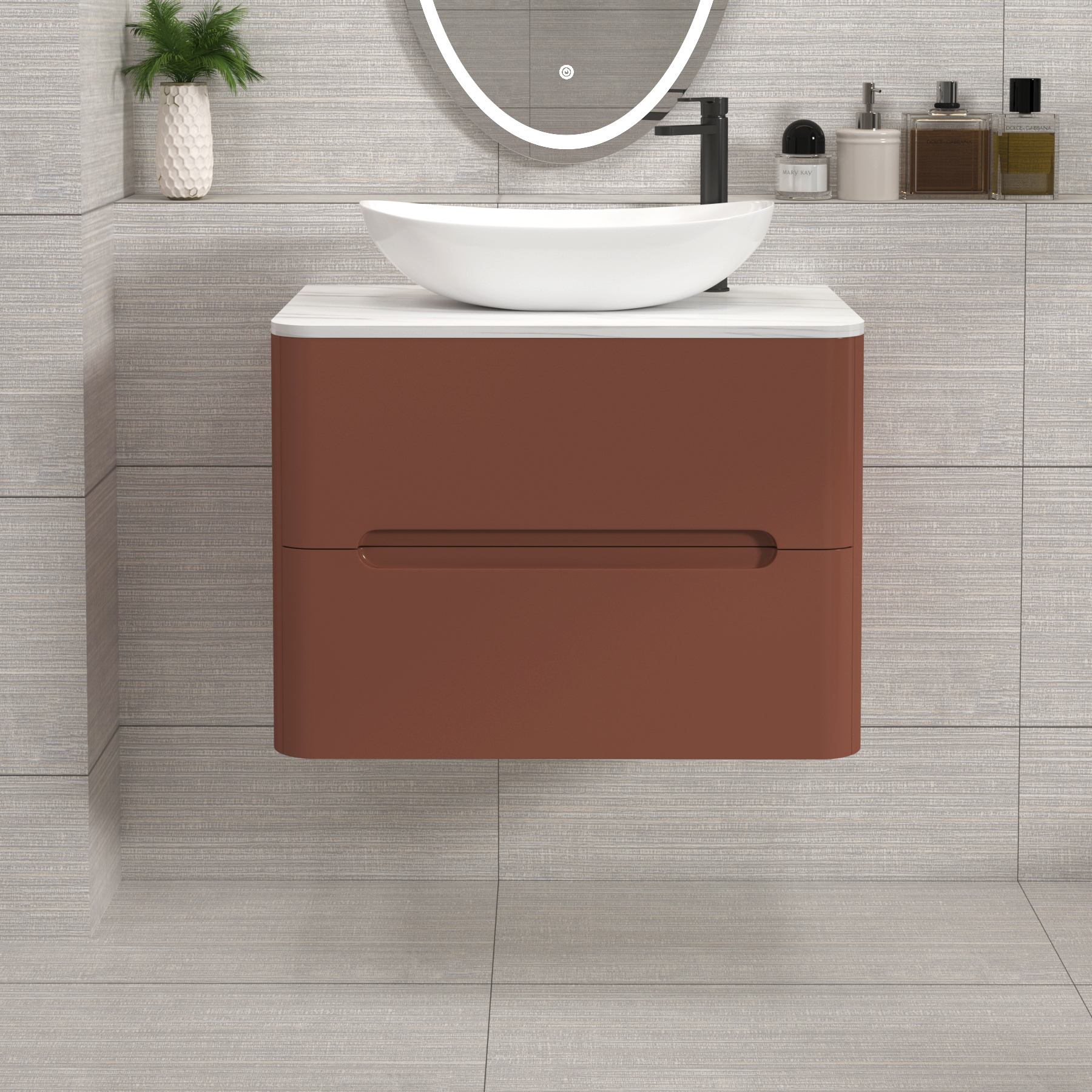 Venice Terracotta Clay 2 Drawer Wall Hung Vanity Unit with Carrara White Undrilled Worktop & Various Countertop Basins