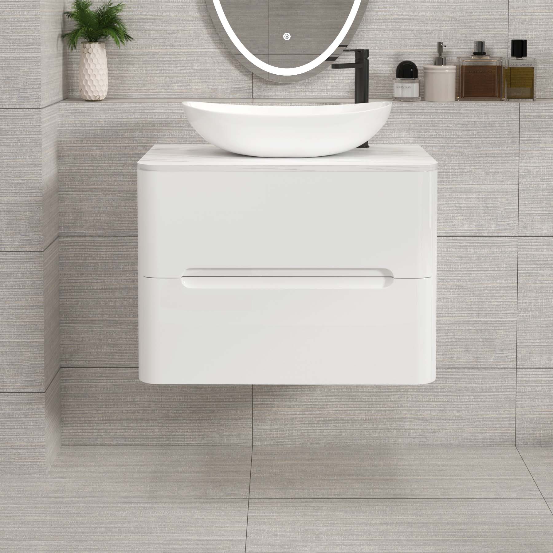 Venice Gloss White 2 Drawer Wall Hung Vanity Unit with Carrara White Undrilled Worktop & Various Countertop Basins