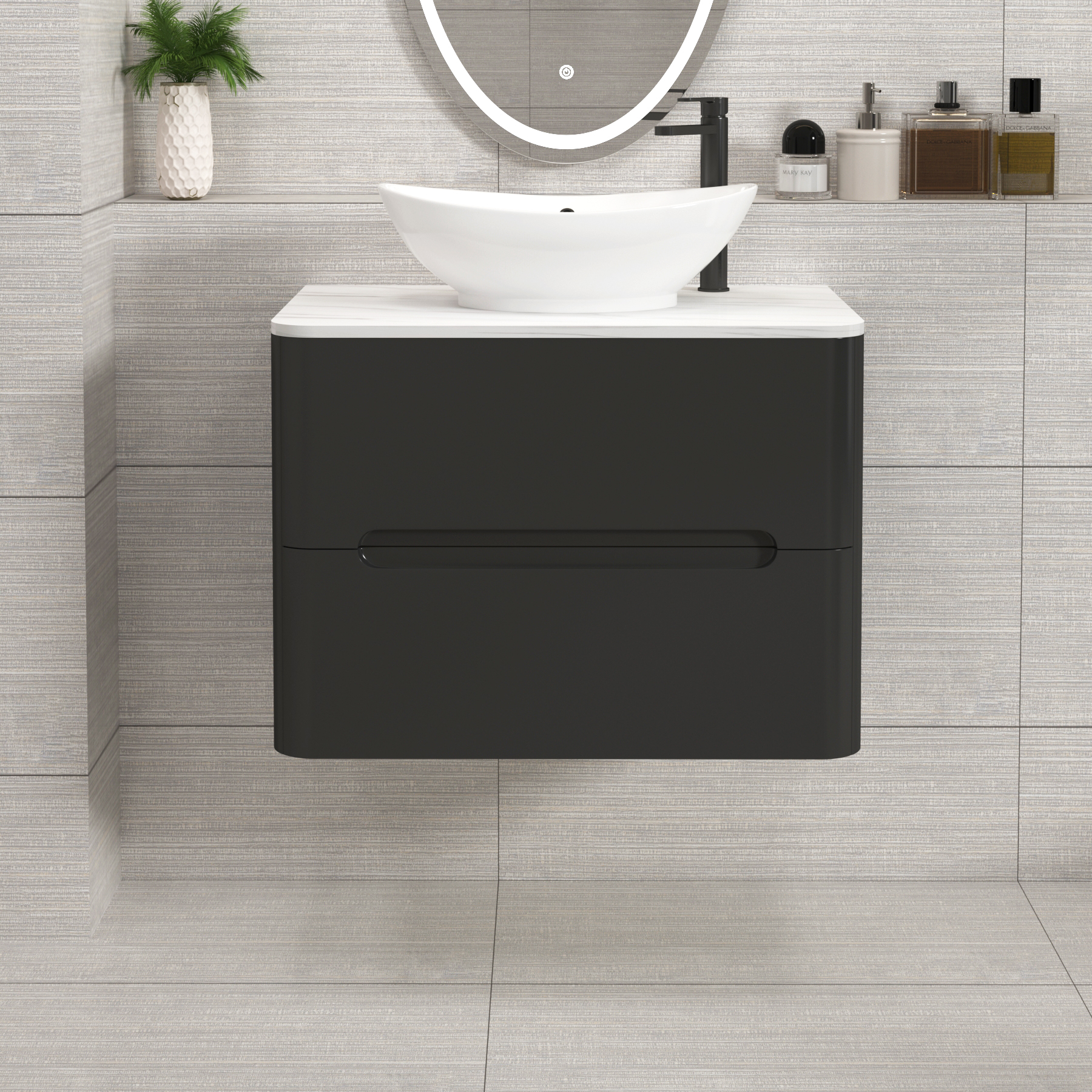 Venice Matt Nocturne Black 2 Drawer Wall Hung Vanity Unit with Carrara White Undrilled Worktop & Various Countertop Basins