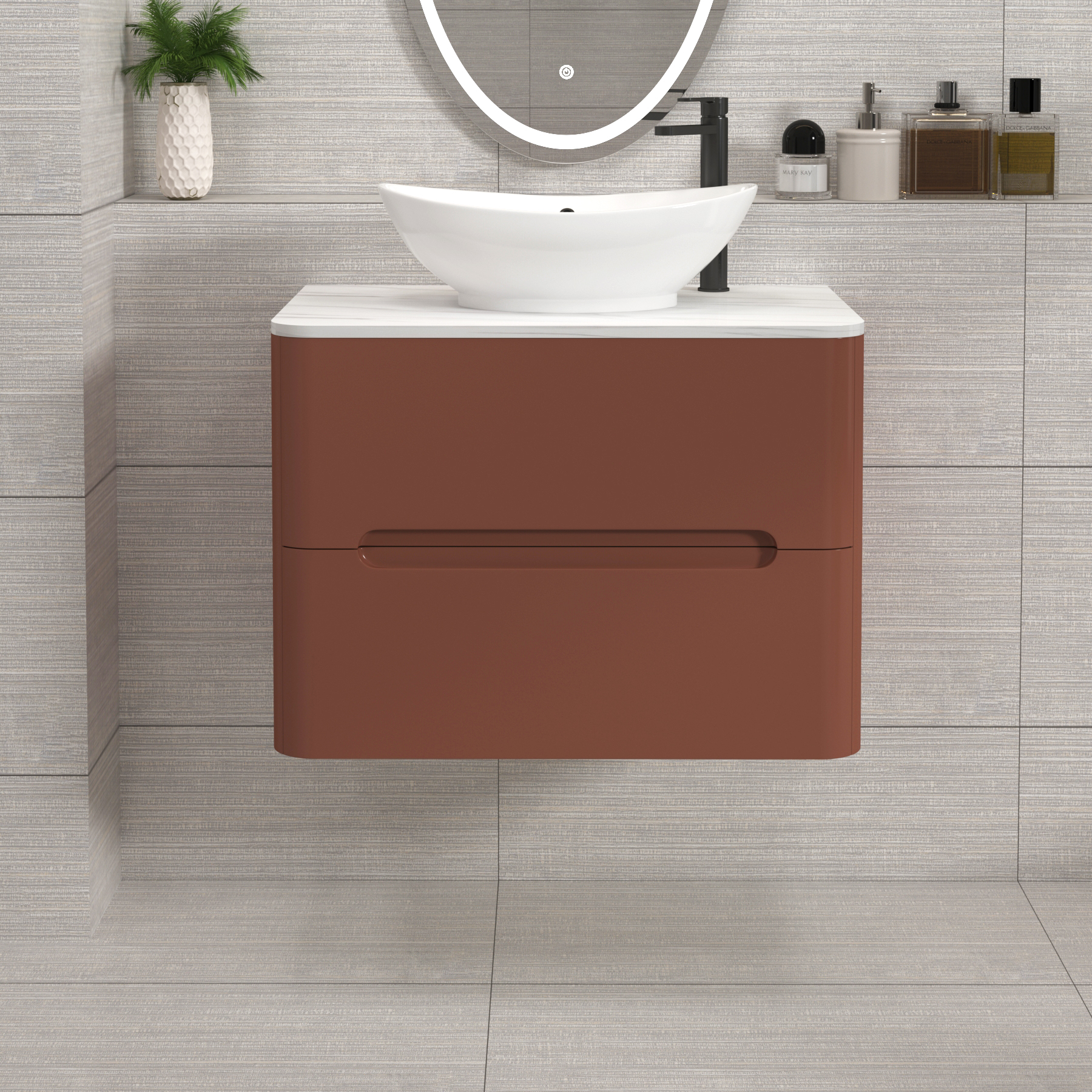 Venice Terracotta Clay 2 Drawer Wall Hung Vanity Unit with Carrara White Undrilled Worktop & Various Countertop Basins