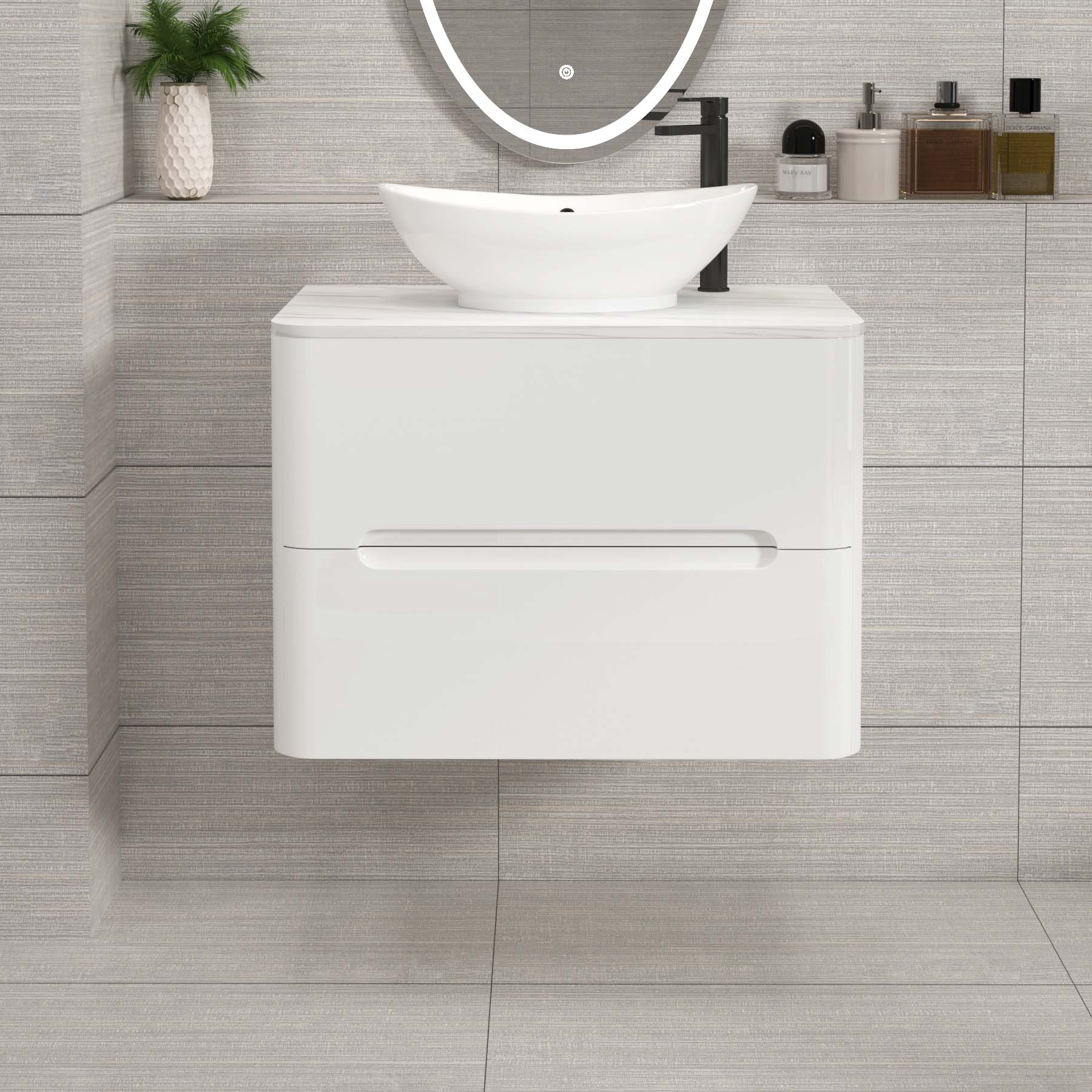 Venice Gloss White 2 Drawer Wall Hung Vanity Unit with Carrara White Undrilled Worktop & Various Countertop Basins