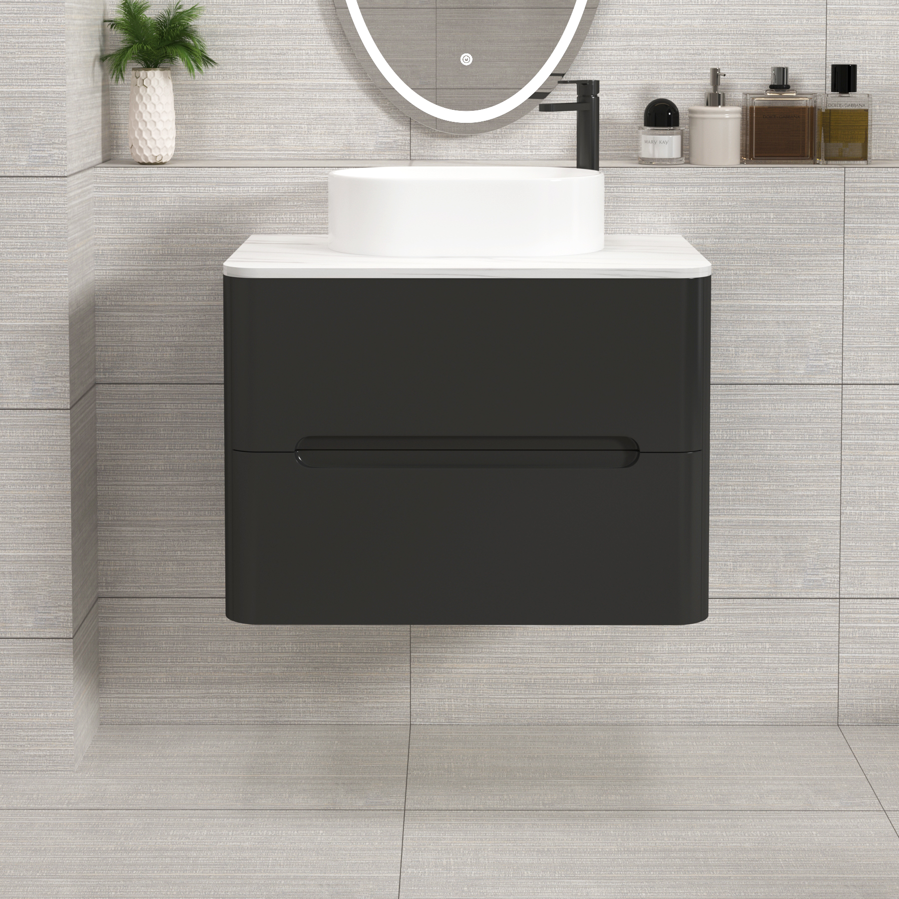 Venice Matt Nocturne Black 2 Drawer Wall Hung Vanity Unit with Carrara White Undrilled Worktop & Various Countertop Basins