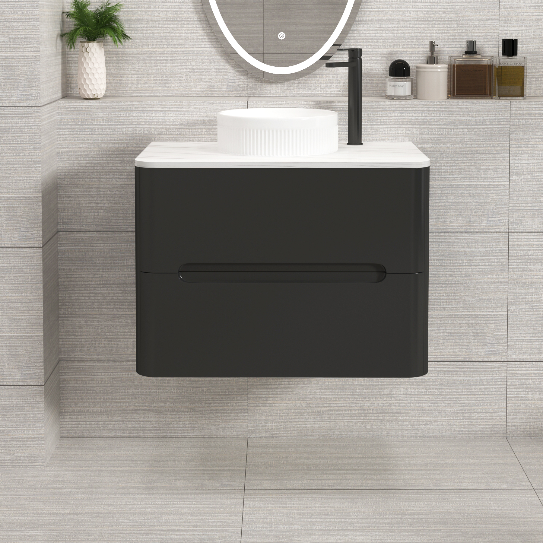 Venice Matt Nocturne Black 2 Drawer Wall Hung Vanity Unit with Carrara White Undrilled Worktop & Various Countertop Basins