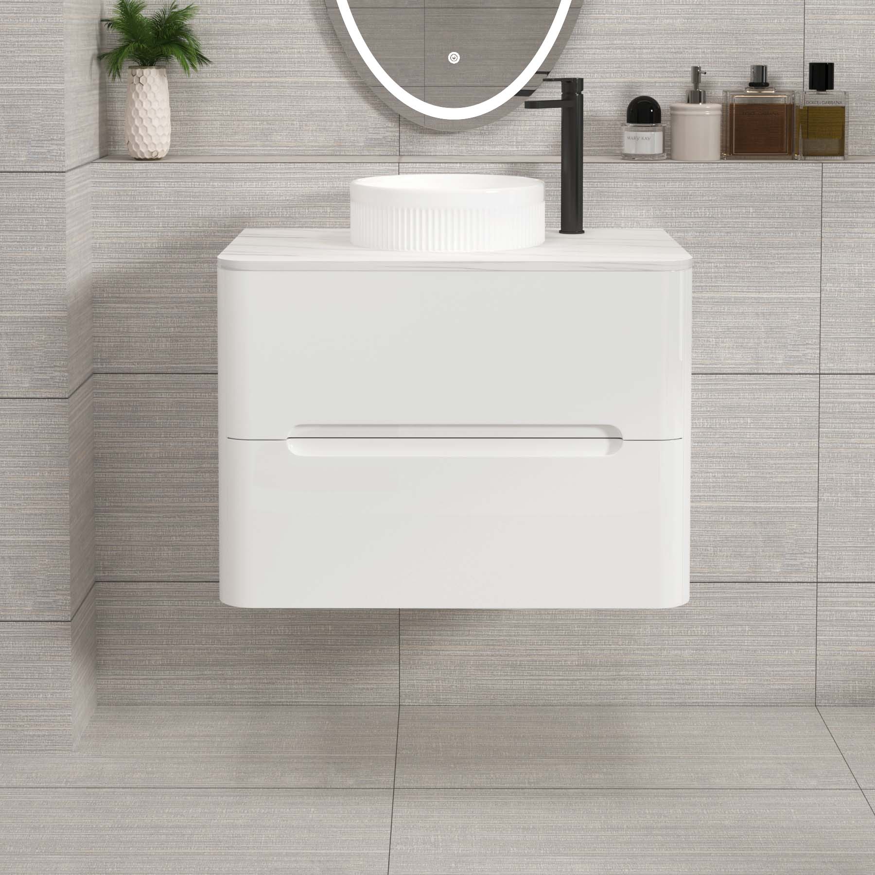 Venice Gloss White 2 Drawer Wall Hung Vanity Unit with Carrara White Undrilled Worktop & Various Countertop Basins
