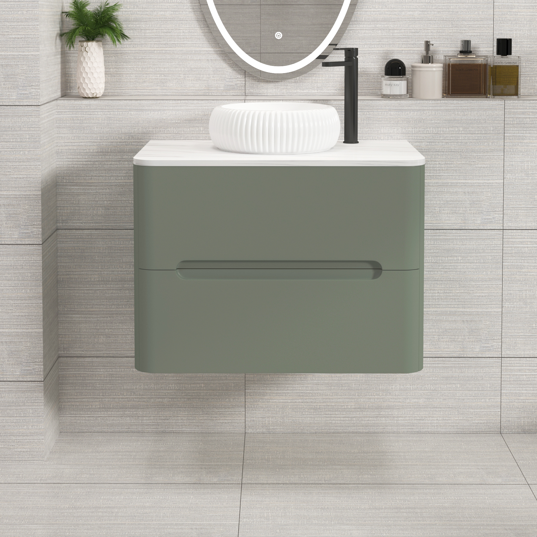 Venice 700mm Sage Green Wall Hung Countertop Vanity Unit 2 Drawer with Milan Basin