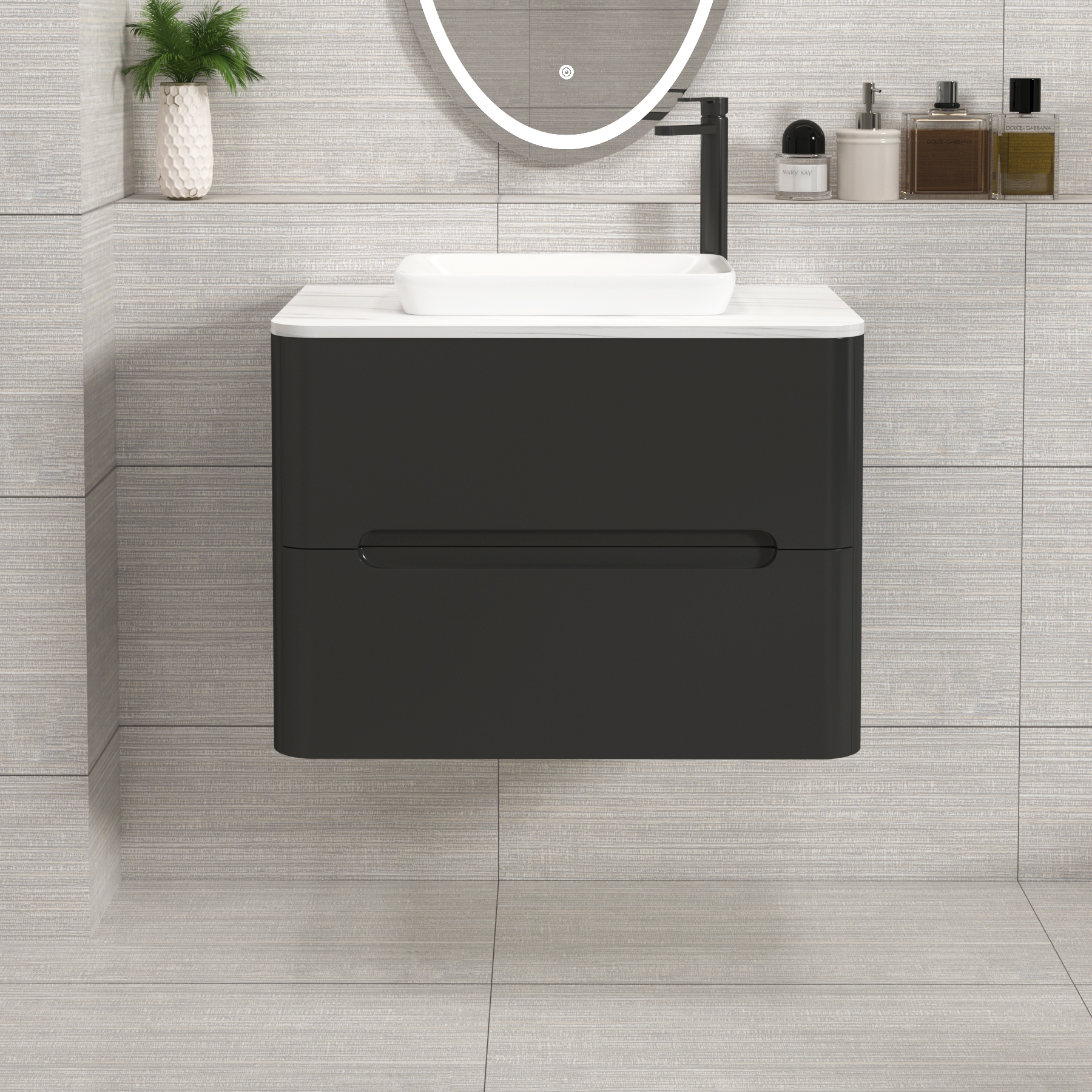 Venice Matt Nocturne Black 2 Drawer Wall Hung Vanity Unit with Carrara White Undrilled Worktop & Various Countertop Basins