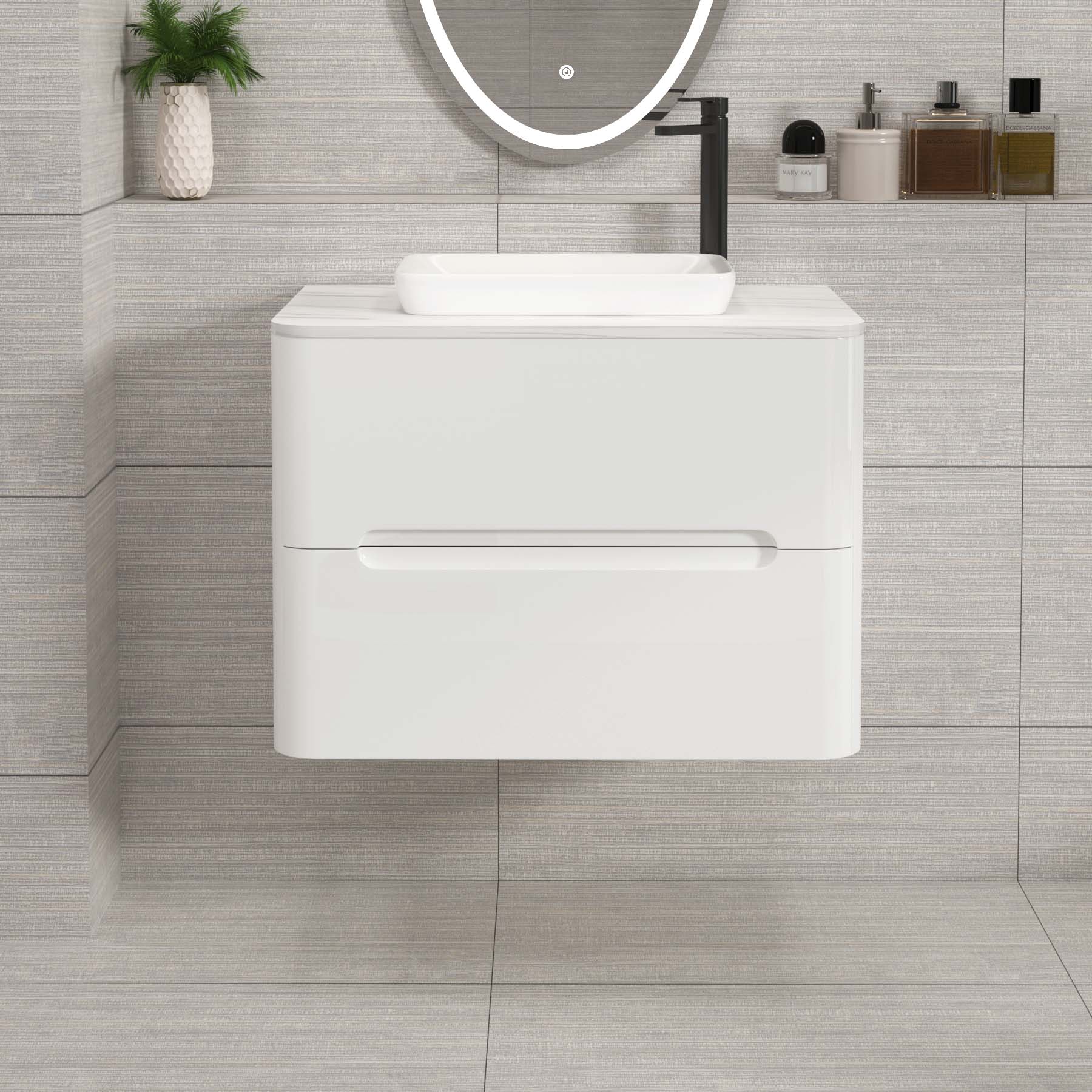 Venice Gloss White 2 Drawer Wall Hung Vanity Unit with Carrara White Undrilled Worktop & Various Countertop Basins