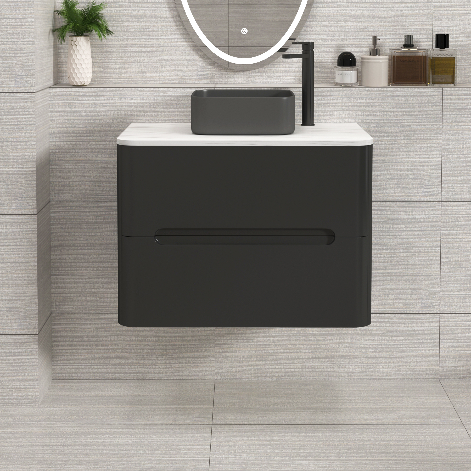 Venice Matt Nocturne Black 2 Drawer Wall Hung Vanity Unit with Carrara White Undrilled Worktop & Various Countertop Basins