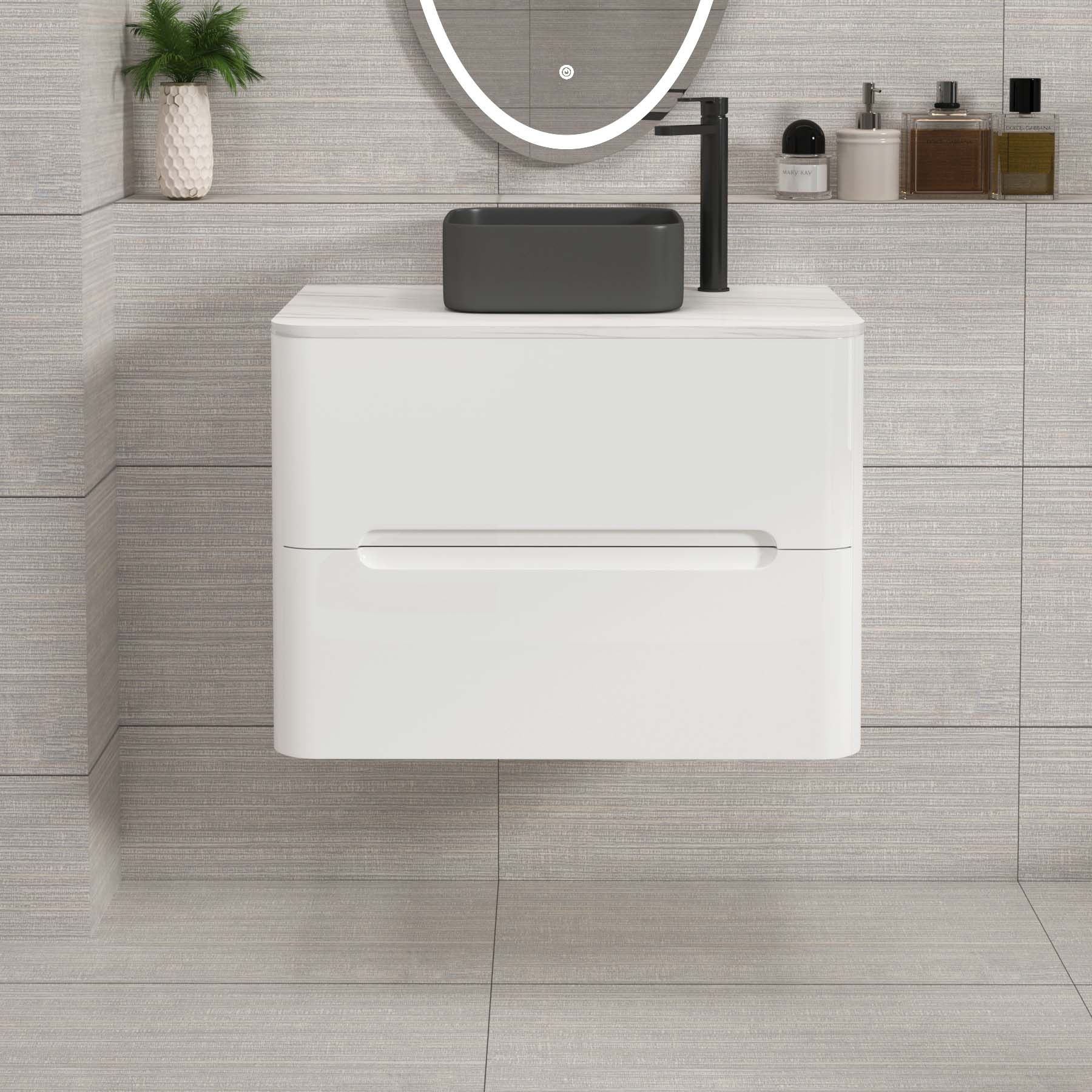 Venice Gloss White 2 Drawer Wall Hung Vanity Unit with Carrara White Undrilled Worktop & Various Countertop Basins