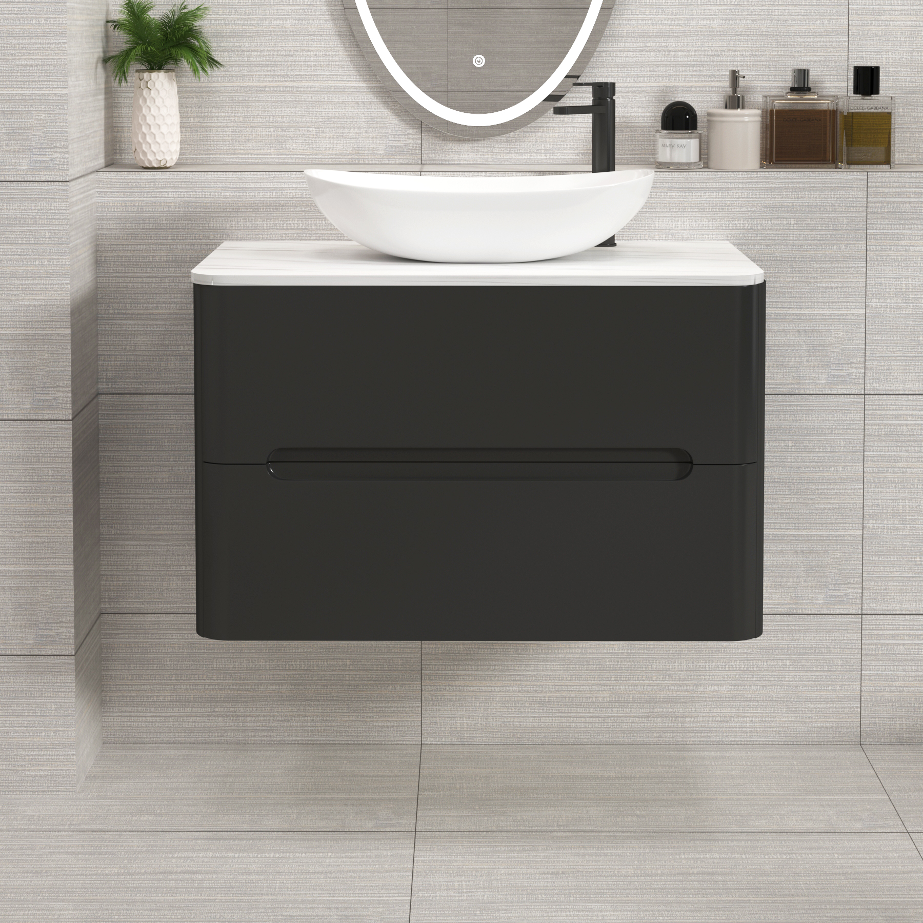 Venice Matt Nocturne Black 2 Drawer Wall Hung Vanity Unit with Carrara White Undrilled Worktop & Various Countertop Basins