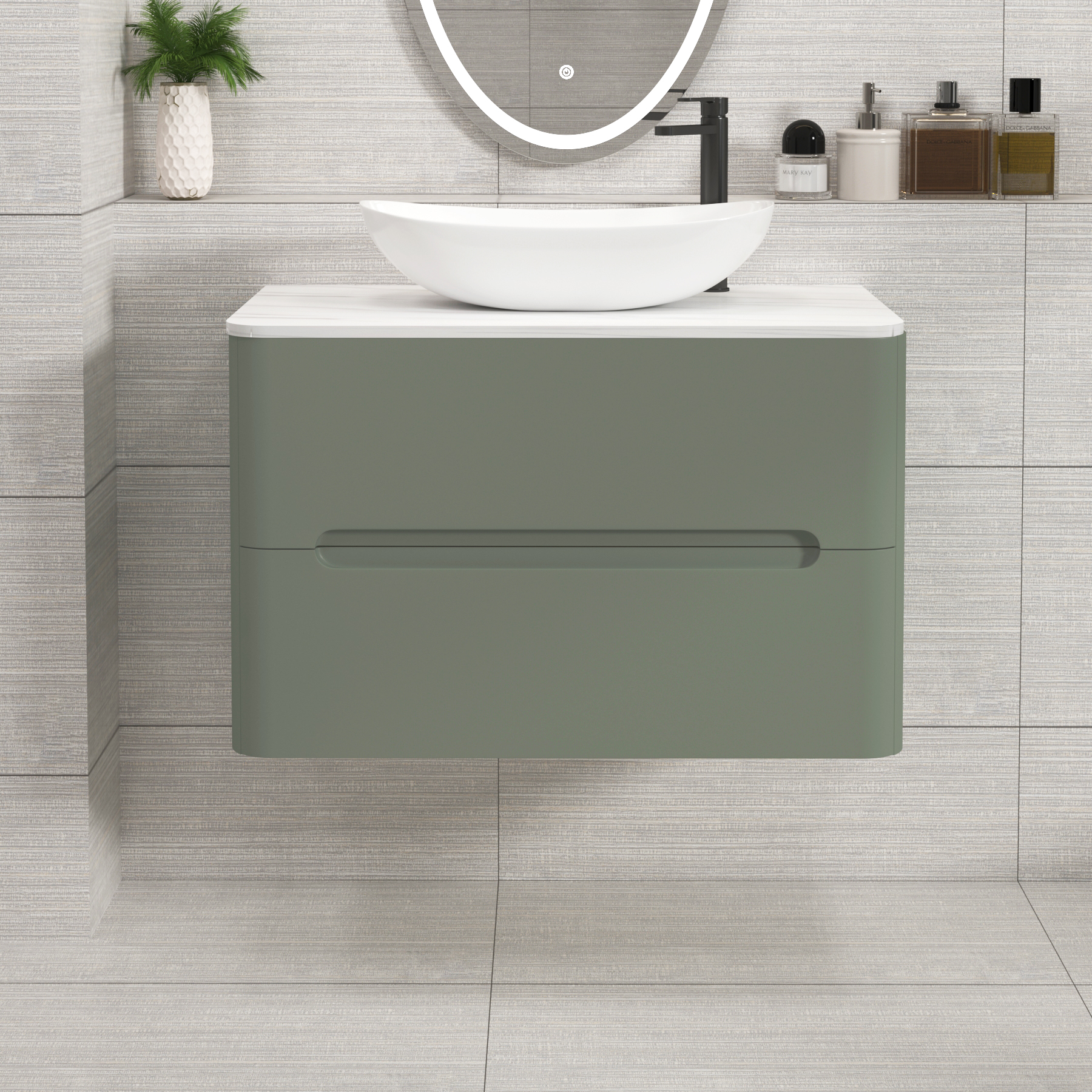 Venice Sage Green 2 Drawer Wall Hung Vanity Unit with Carrara White Undrilled Worktop & Various Countertop Basins