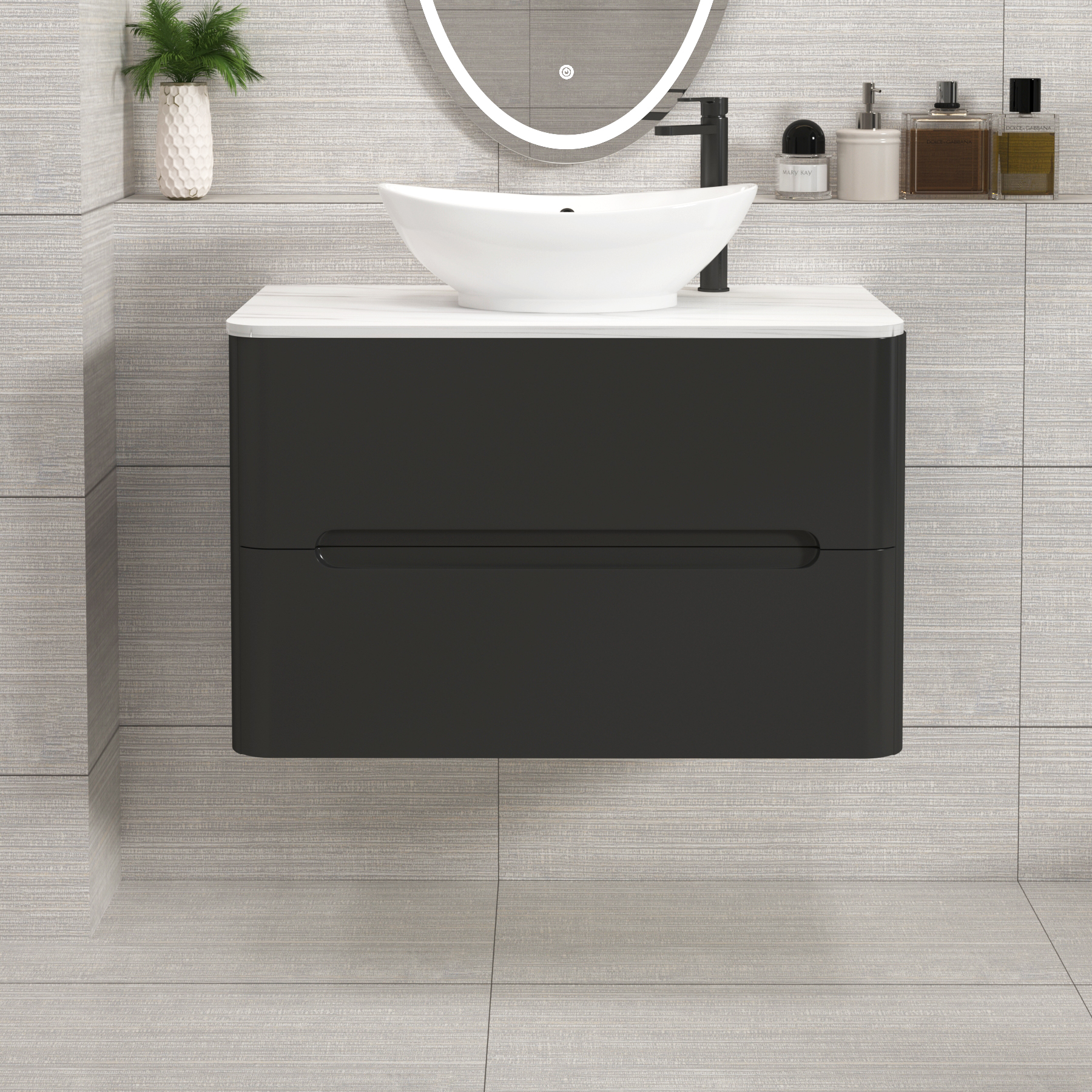Venice Matt Nocturne Black 2 Drawer Wall Hung Vanity Unit with Carrara White Undrilled Worktop & Various Countertop Basins