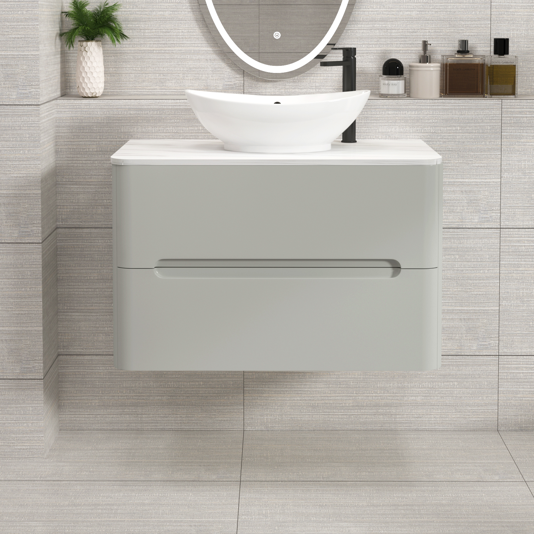 Venice Dove Grey 2 Drawer Wall Hung Vanity Unit with Carrara White Undrilled Worktop & Various Countertop Basins