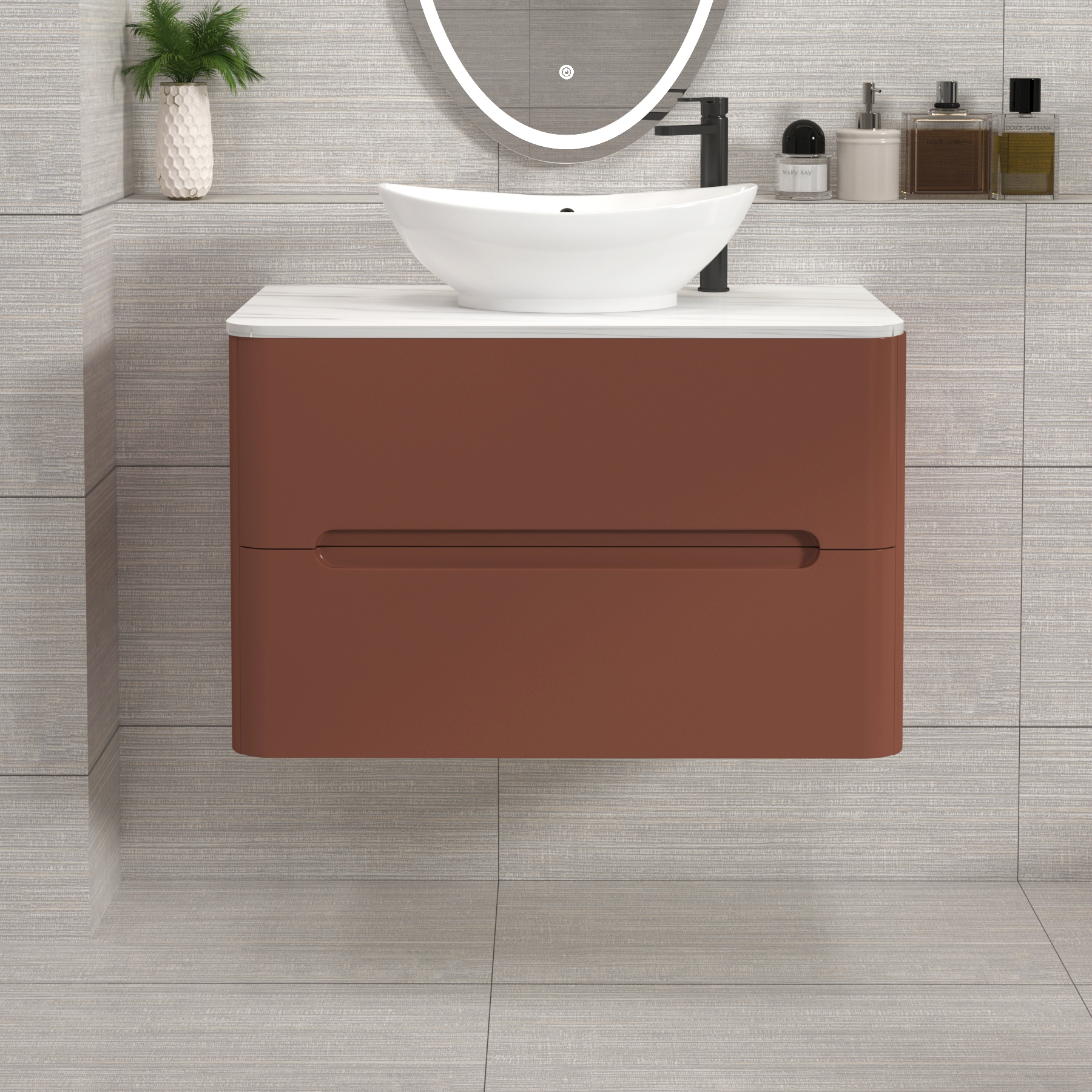 Venice Terracotta Clay 2 Drawer Wall Hung Vanity Unit with Carrara White Undrilled Worktop & Various Countertop Basins