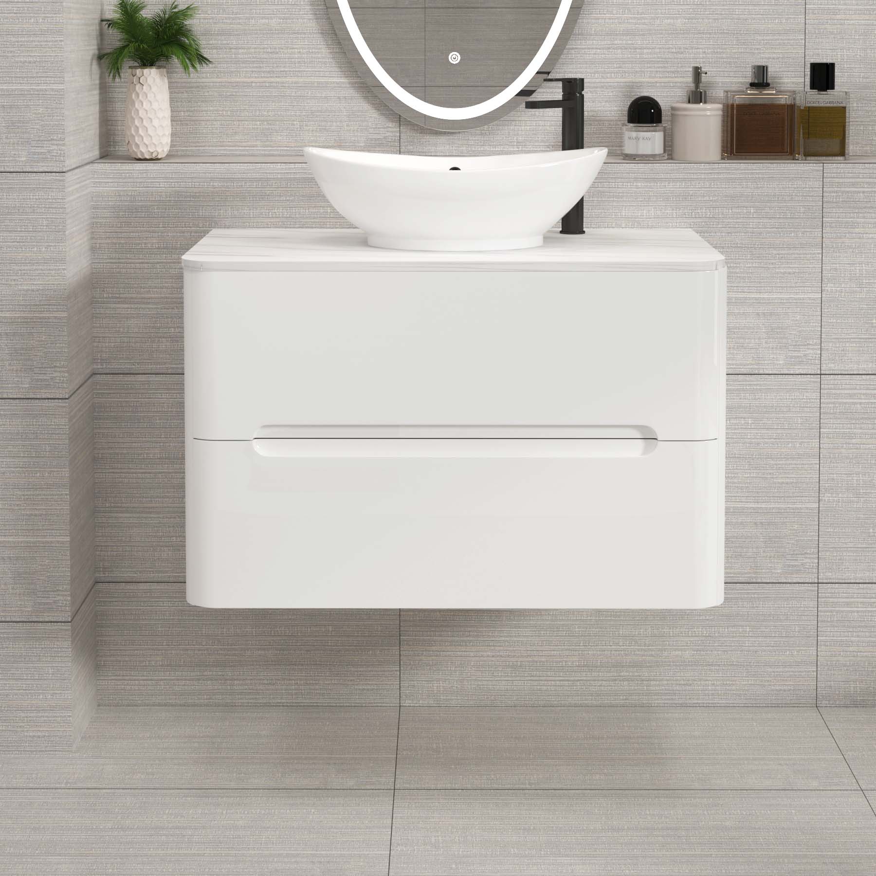 Venice Gloss White 2 Drawer Wall Hung Vanity Unit with Carrara White Undrilled Worktop & Various Countertop Basins
