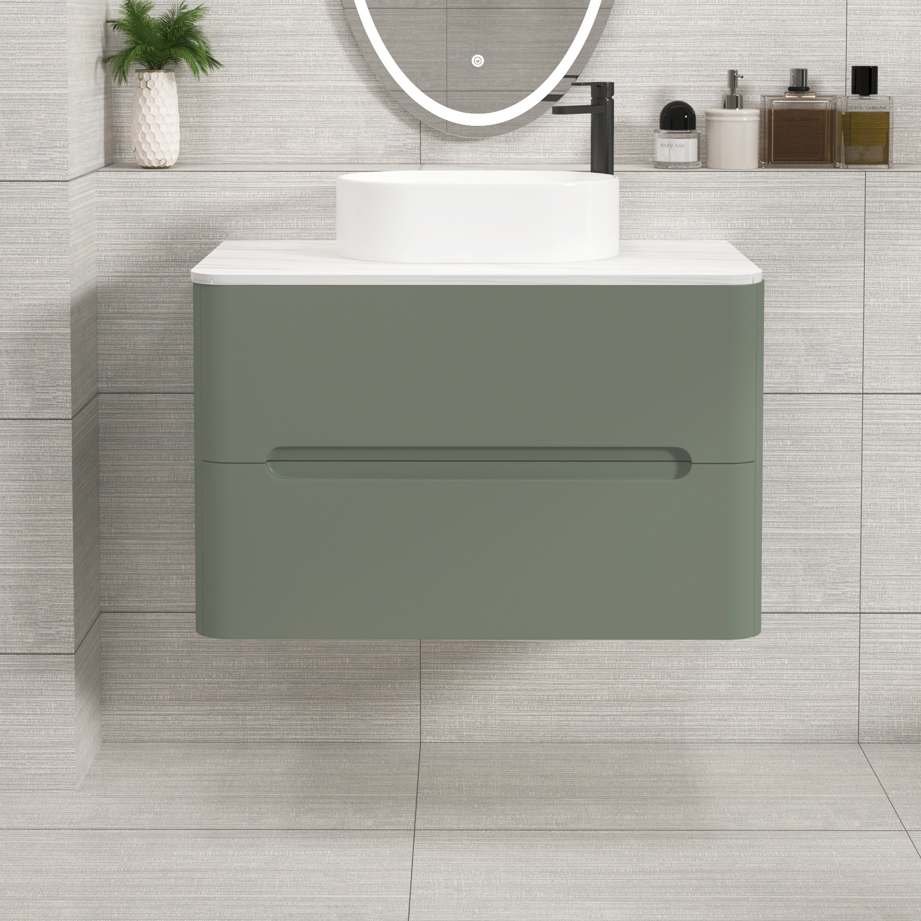 Venice 800mm Sage Green Wall Hung Countertop Vanity Unit 2 Drawer with Peak Basin