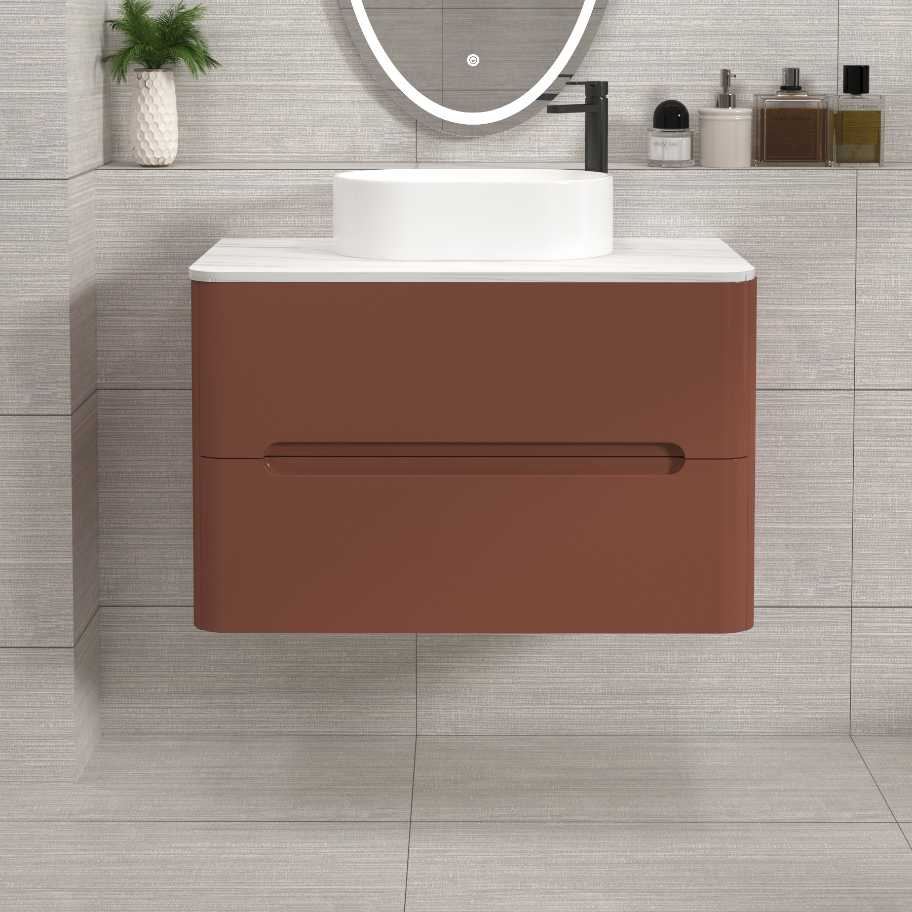 Venice Terracotta Clay 2 Drawer Wall Hung Vanity Unit with Carrara White Undrilled Worktop & Various Countertop Basins