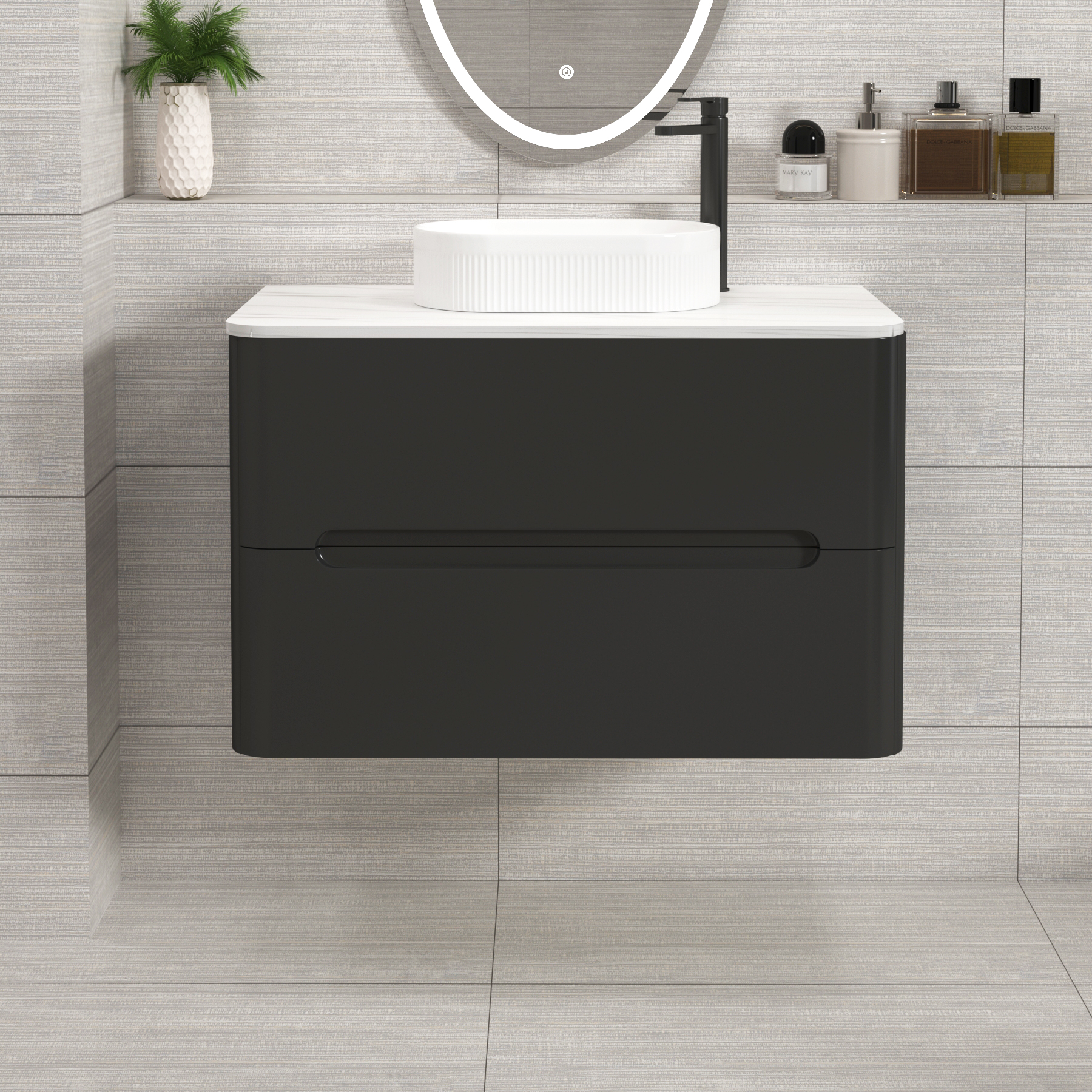 Venice Matt Nocturne Black 2 Drawer Wall Hung Vanity Unit with Carrara White Undrilled Worktop & Various Countertop Basins