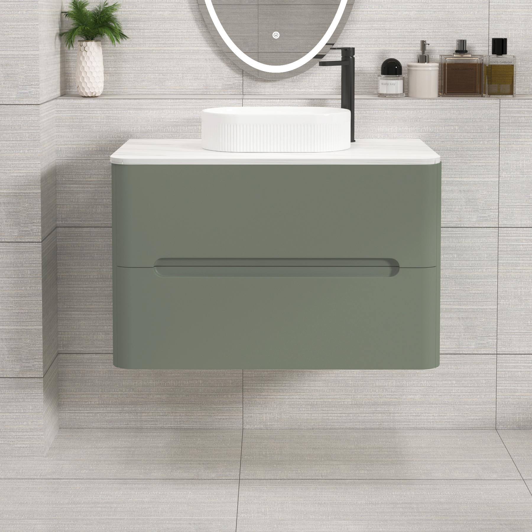 Venice Sage Green 2 Drawer Wall Hung Vanity Unit with Carrara White Undrilled Worktop & Various Countertop Basins