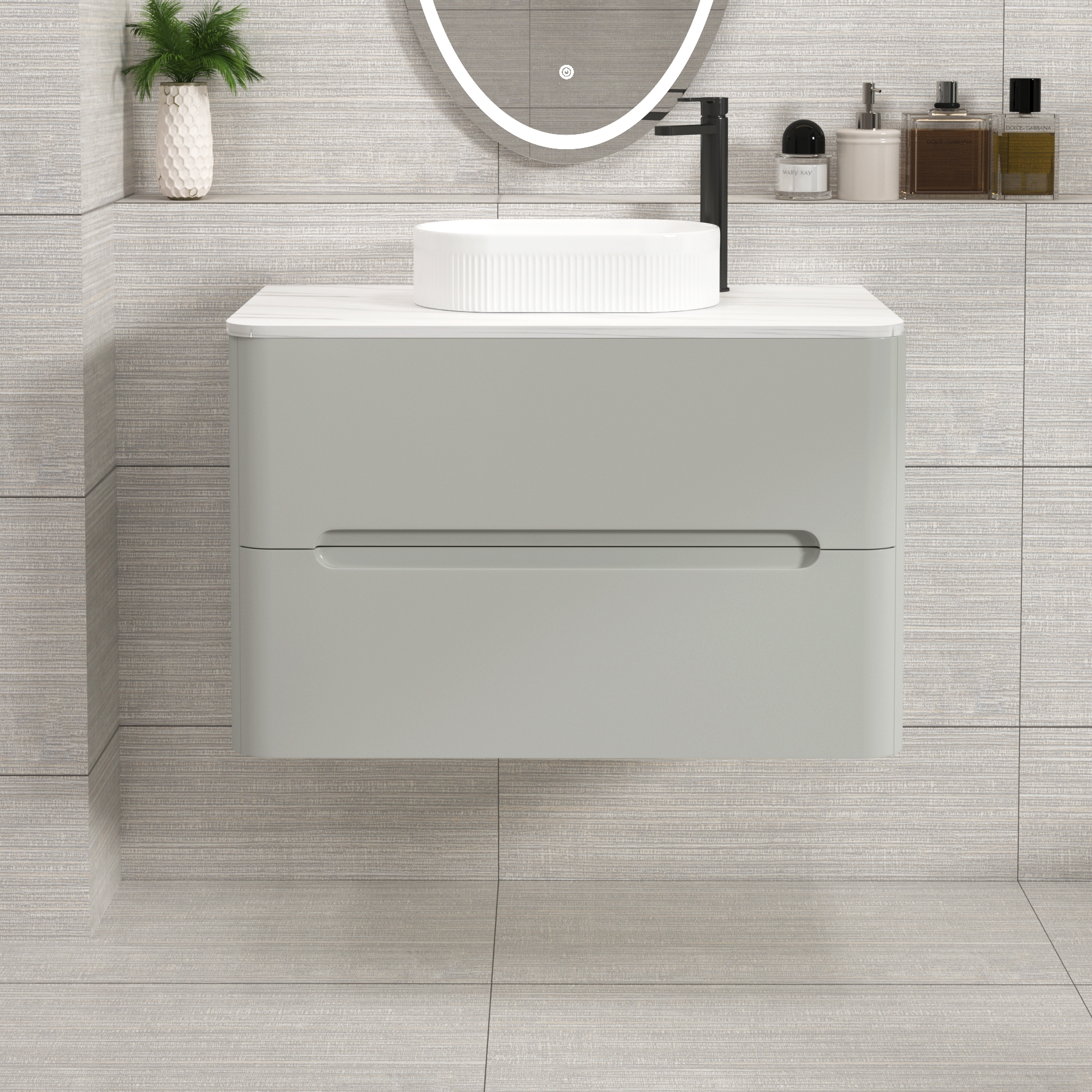 Venice Dove Grey 2 Drawer Wall Hung Vanity Unit with Carrara White Undrilled Worktop & Various Countertop Basins