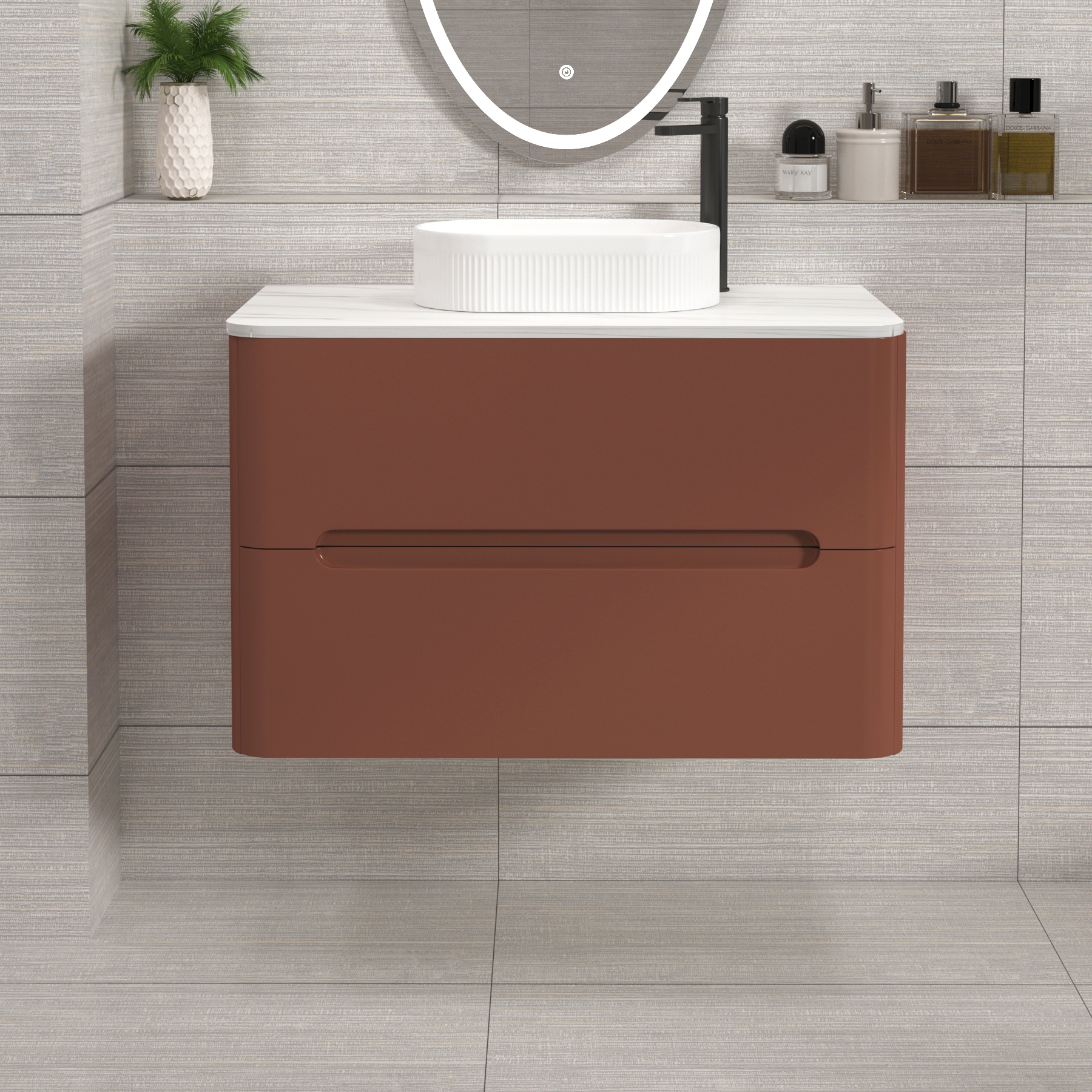 Venice Terracotta Clay 2 Drawer Wall Hung Vanity Unit with Carrara White Undrilled Worktop & Various Countertop Basins