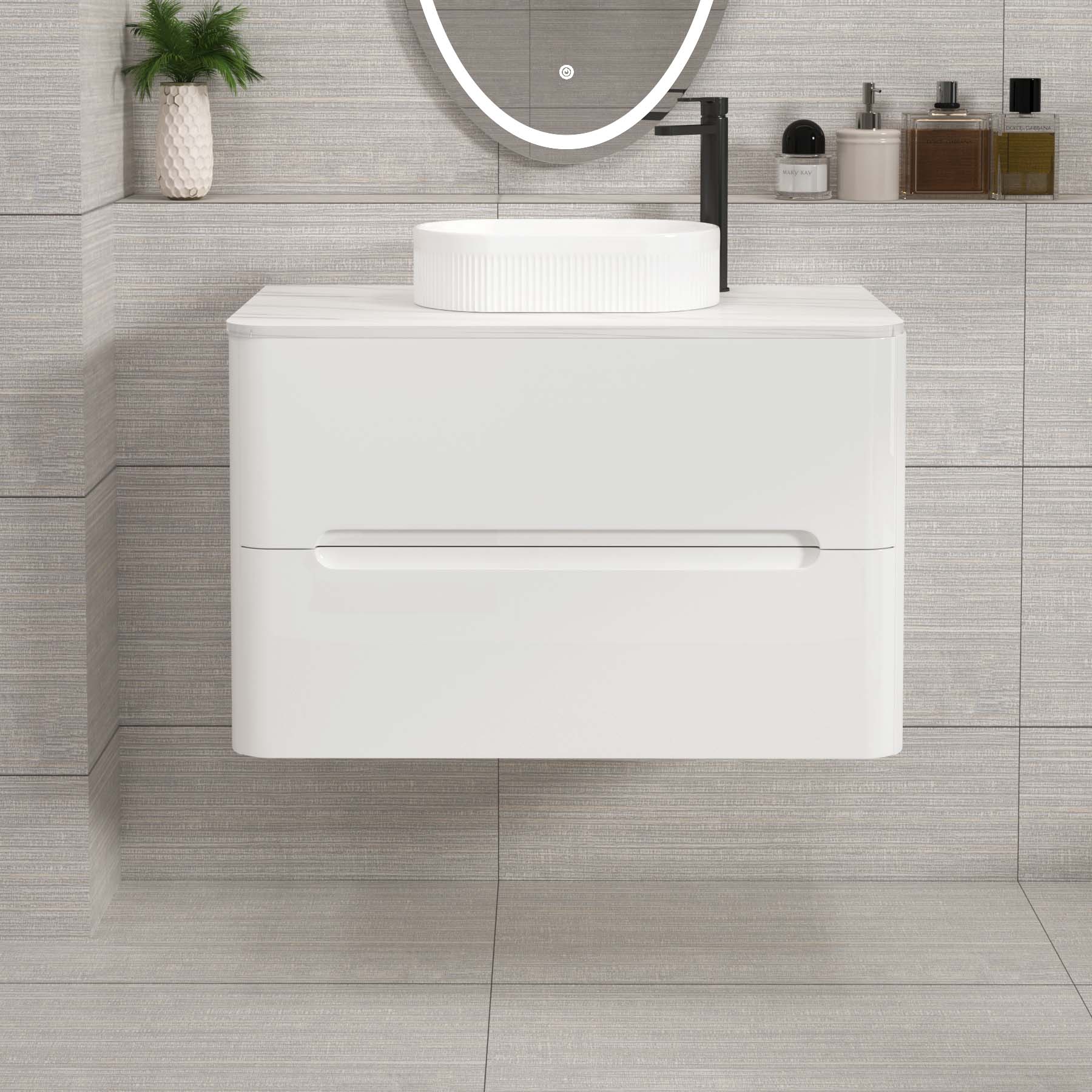 Venice Gloss White 2 Drawer Wall Hung Vanity Unit with Carrara White Undrilled Worktop & Various Countertop Basins