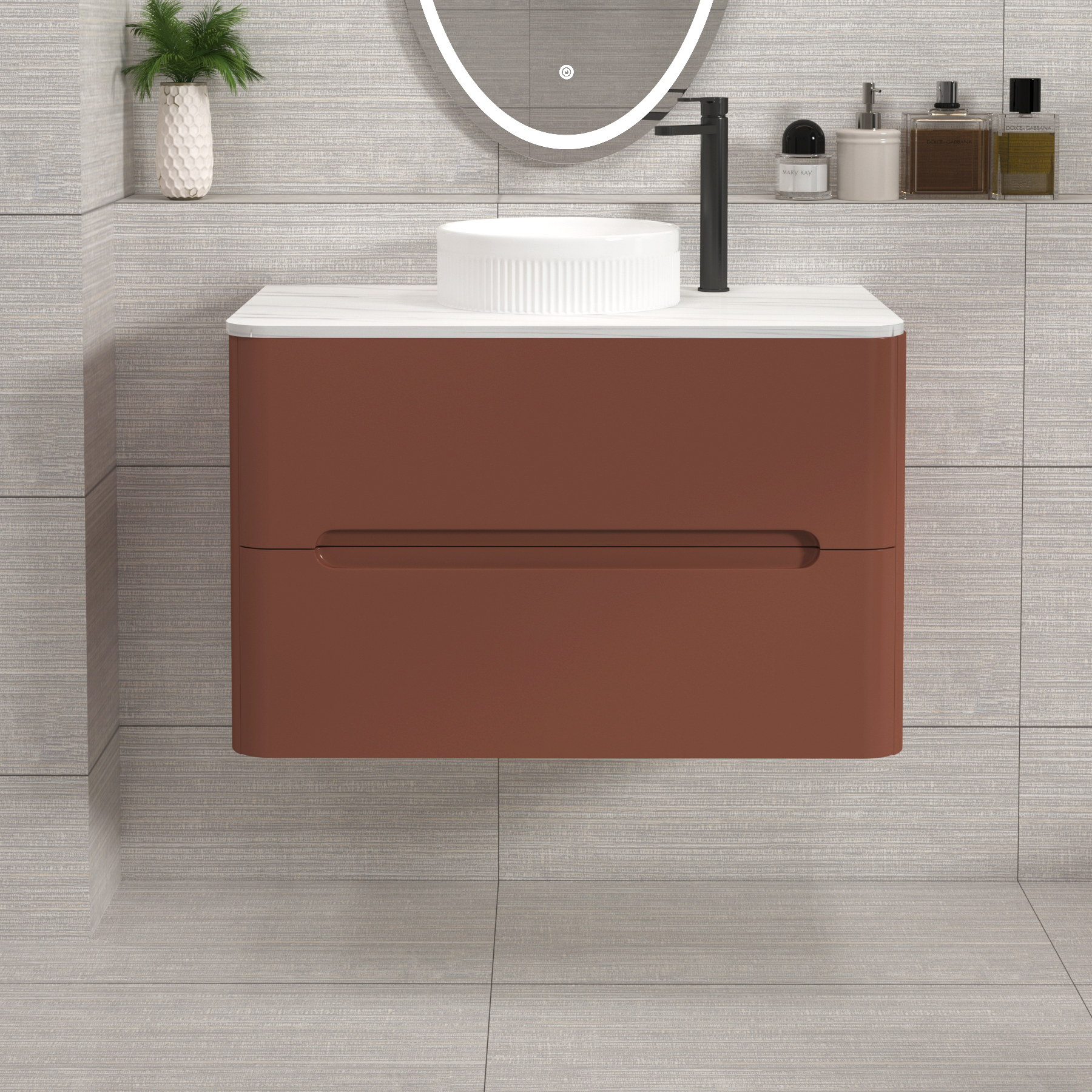 Venice Terracotta Clay 2 Drawer Wall Hung Vanity Unit with Carrara White Undrilled Worktop & Various Countertop Basins