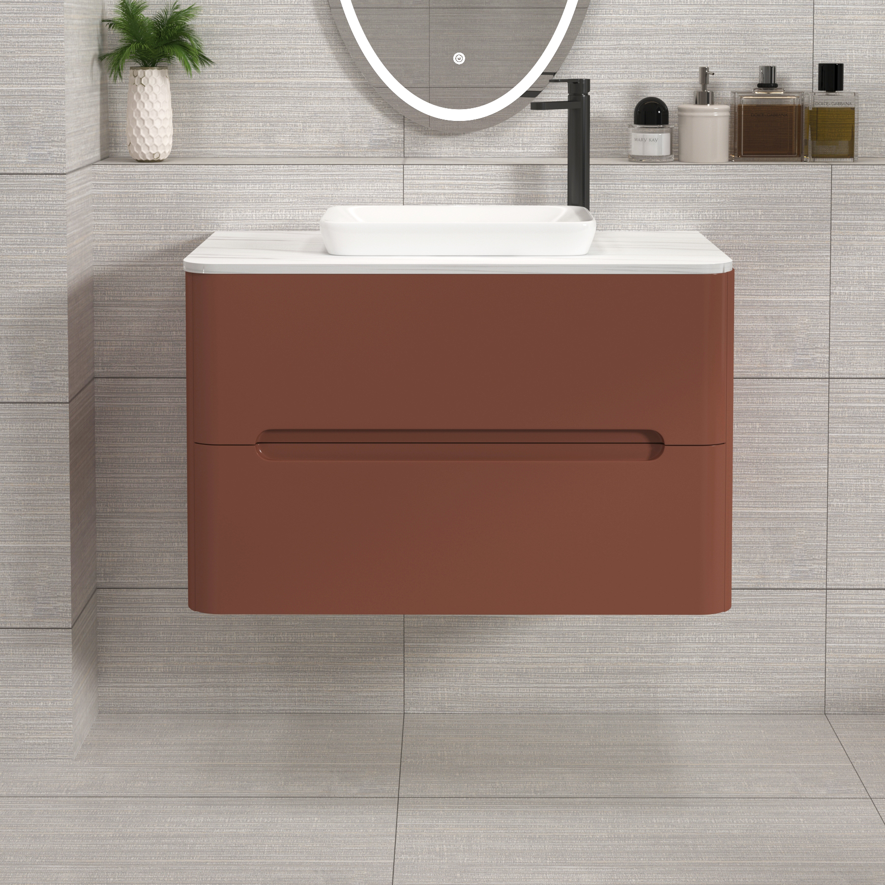 Venice Terracotta Clay 2 Drawer Wall Hung Vanity Unit with Carrara White Undrilled Worktop & Various Countertop Basins