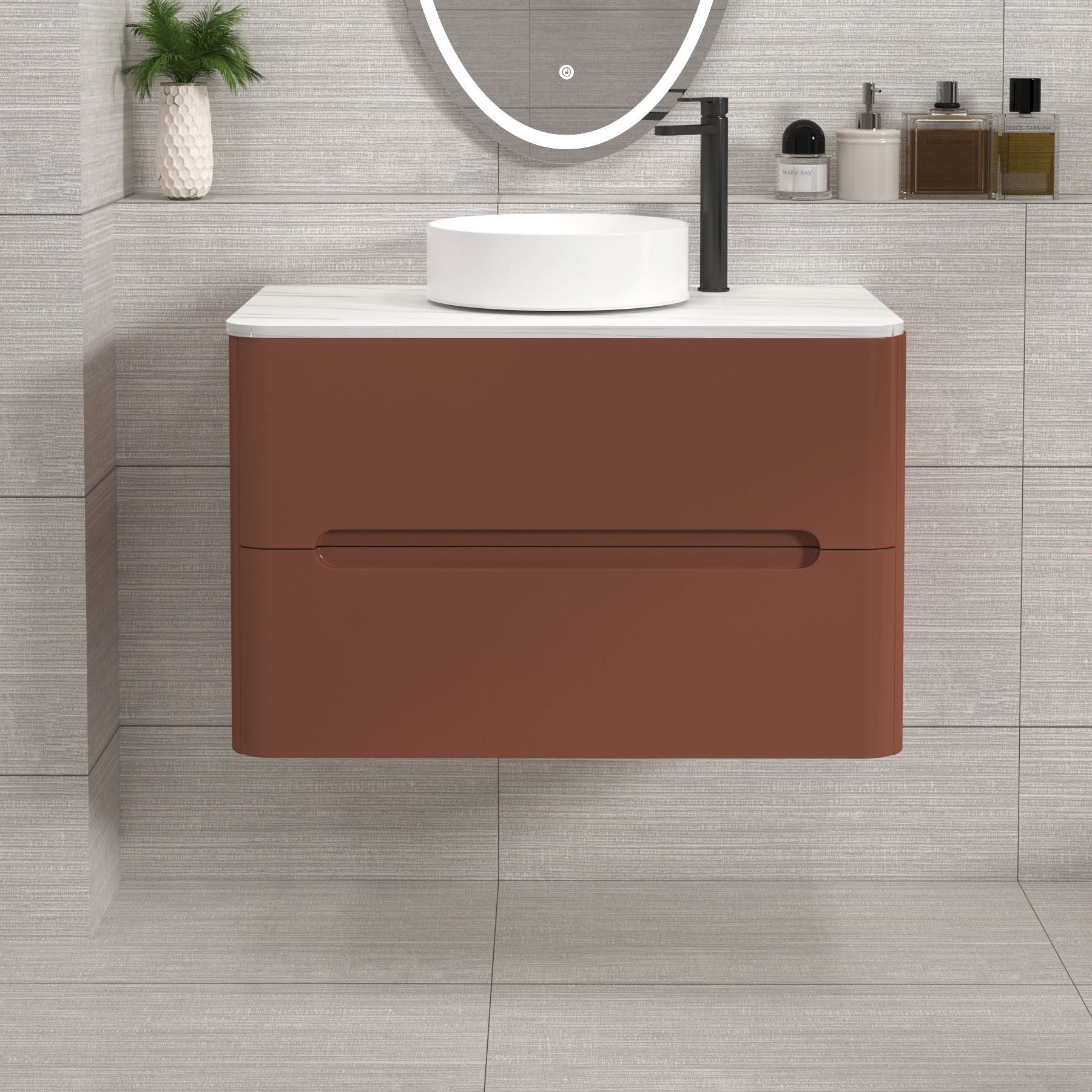 Venice Terracotta Clay 2 Drawer Wall Hung Vanity Unit with Carrara White Undrilled Worktop & Various Countertop Basins