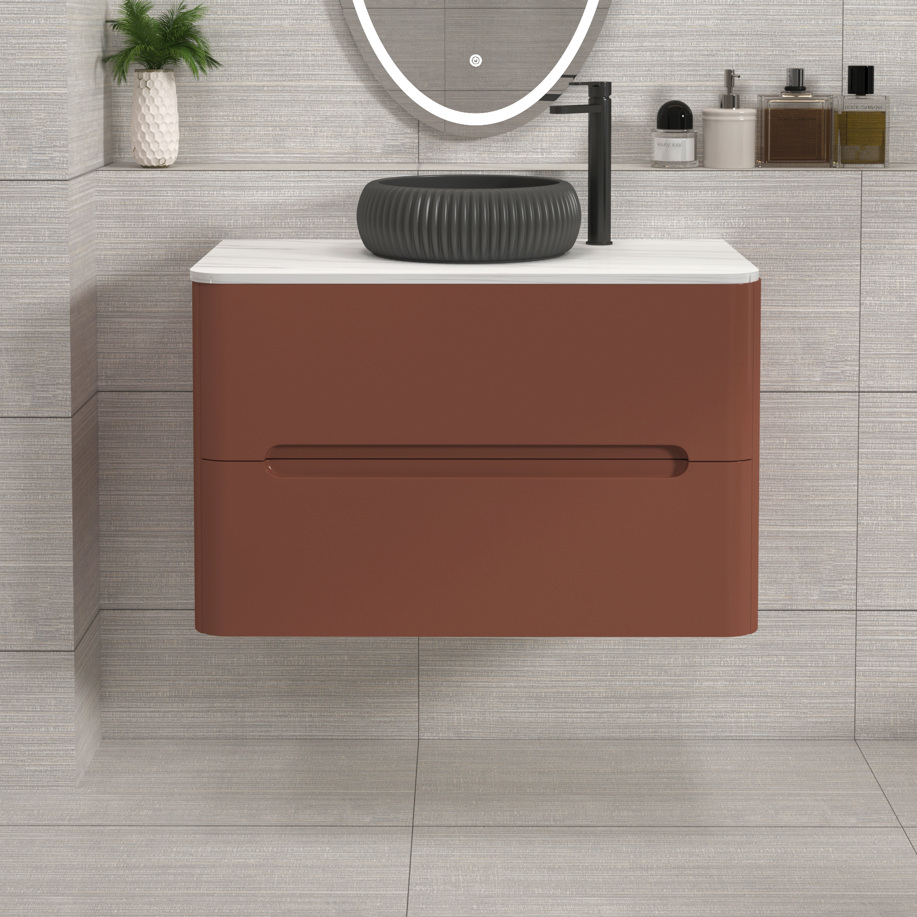 Venice Terracotta Clay 2 Drawer Wall Hung Vanity Unit with Carrara White Undrilled Worktop & Various Countertop Basins